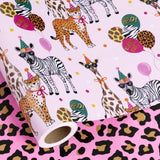 Reversible Birthday Wrapping Paper Roll, Mini Roll, Safari Animals Party Design & Pink Leopard Print Gift Wrap For Girls Birthday Party, Baby Shower, 17 Inches X 16.4 Feet