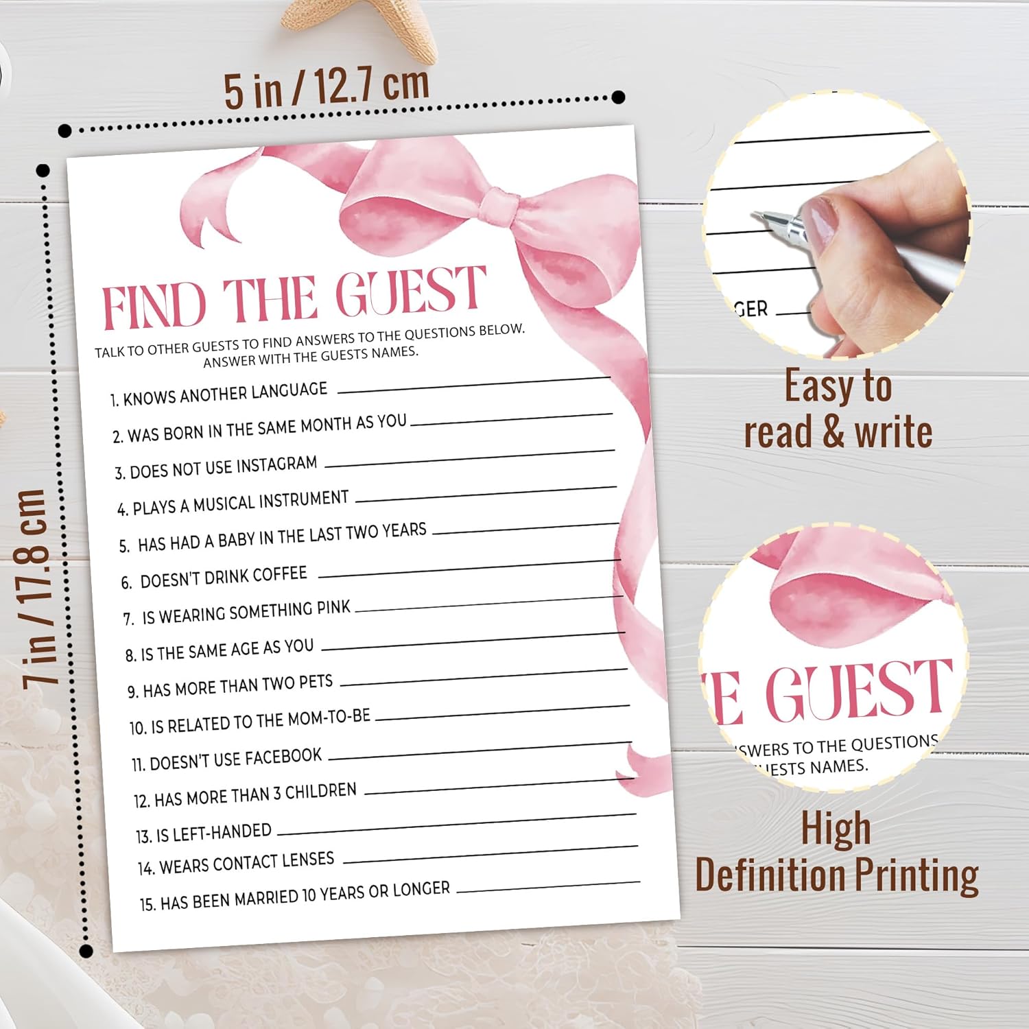 Pink Baby Shower Games For Girl, Find The Guest Game Cards, 25 Gender Neutral Cards, Pink Bow Gender Reveal Party Supply Kit, Baby Shower Decorations(5''X7'')-A04