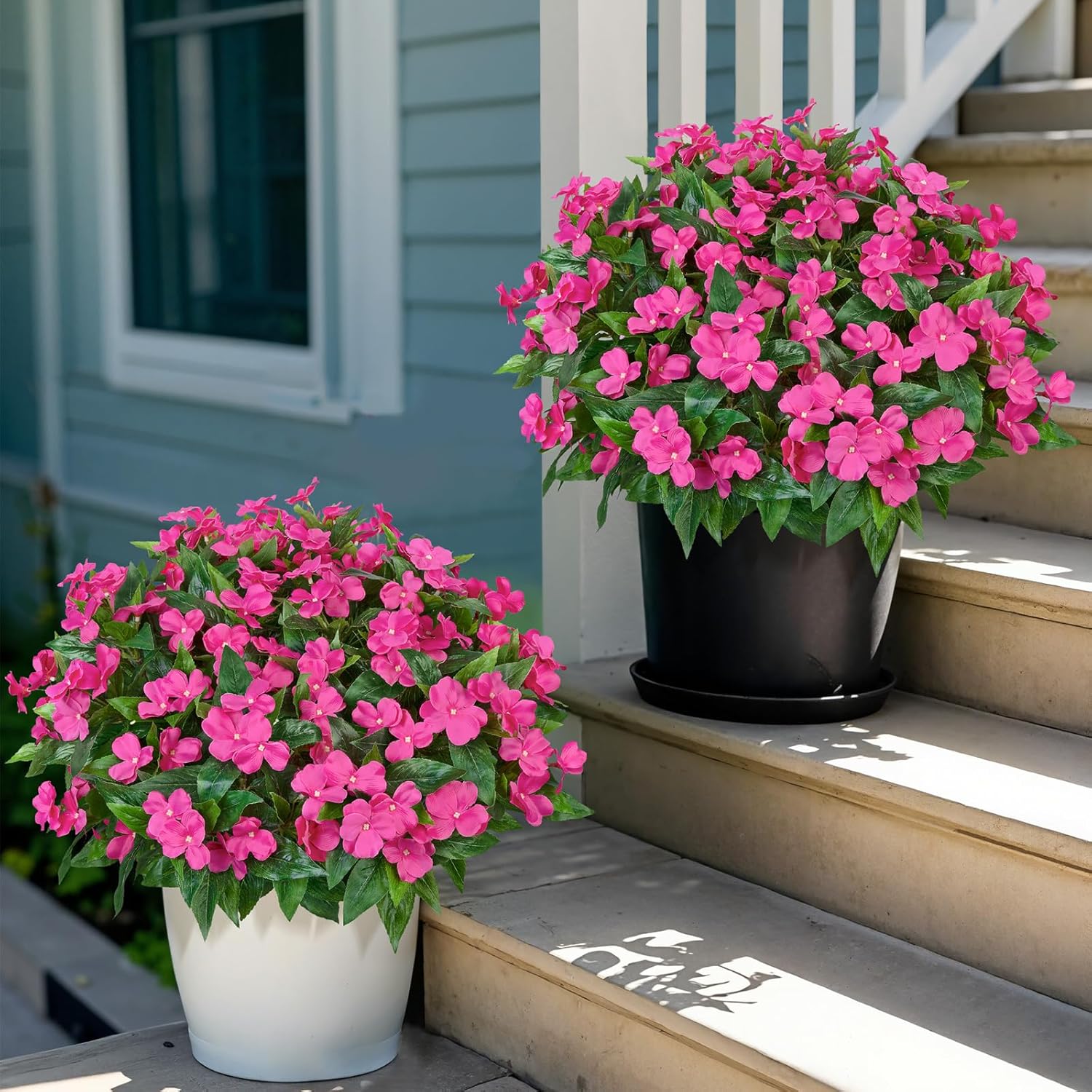 5 Pcs Artificial Flowers For Outdoors Silk Impatiens Flowers Bouquet Decorations Fake Faux Plants Uv Resistant For Spring Summer Garden Porch Patio Window Box Balcony Planters Home, Fuchsia