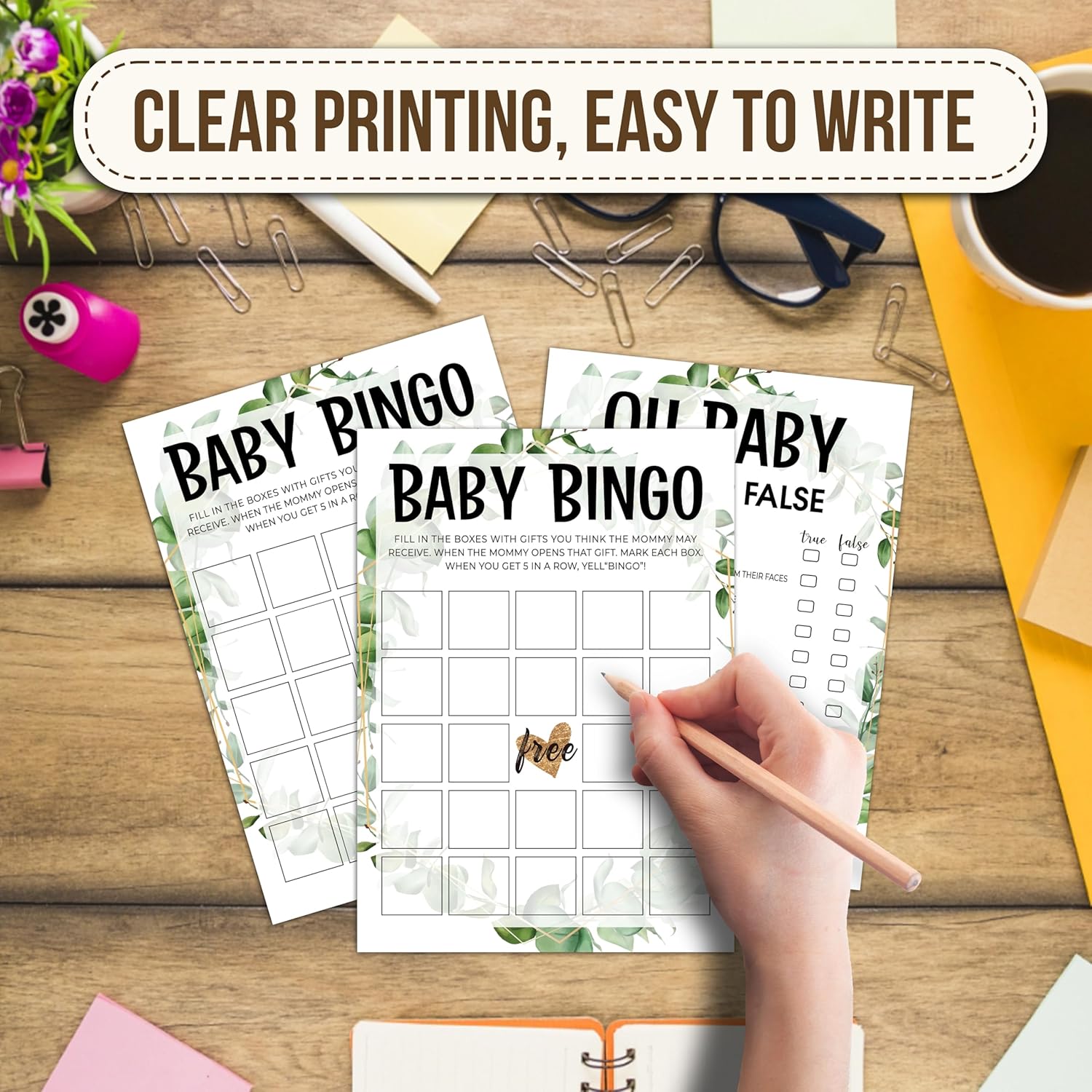 Baby Shower Games Set, Baby Predictions, Oh Baby, Baby Trivia Game, 4 Baby Games For 25 Guests, Girl Boy Eucalyptus Baby Shower Decorations, 001