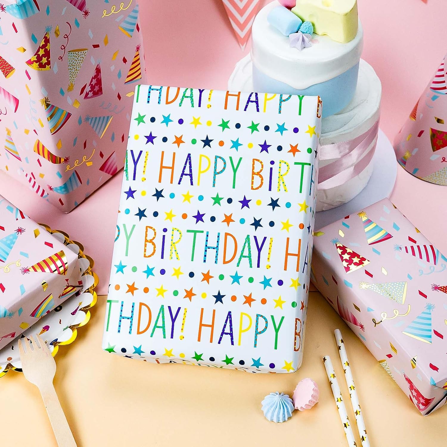 Birthday Hat Wrapping Paper, Reversible Happy Birthday Design Gift Wrap For Baby Shower, Valentines, Mothers Day, Graduation, Wedding, Fathers Day, Christmas (17 Inch X 32.8 Feet)