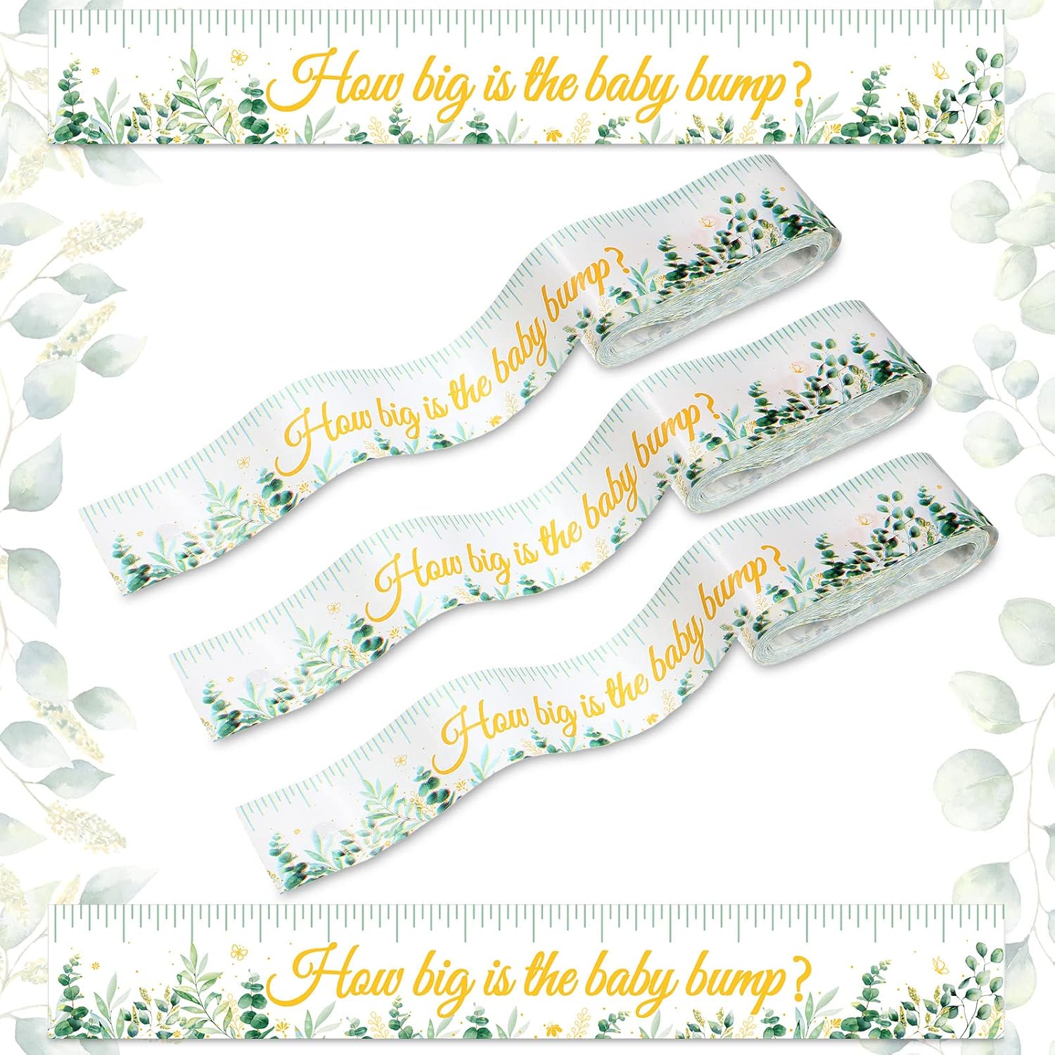 3 Rolls Baby Shower Measure Belly Game Baby Shower Games How Big Is Bump Belly Measuring Tape For Gender Reveal Games Party Supplies, 2 Inch X 115 Ft(Leaves Style)