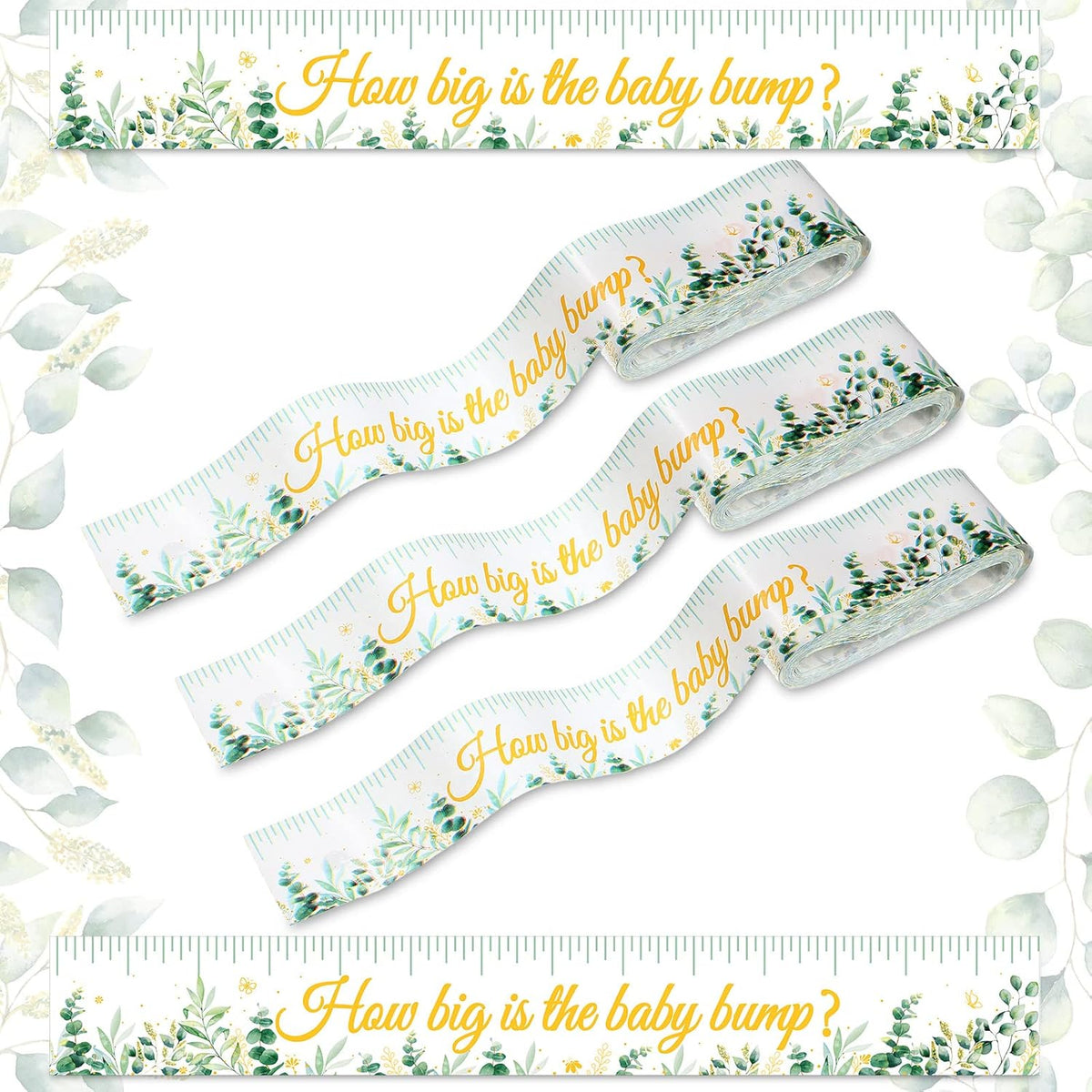 3 Rolls Baby Shower Measure Belly Game Baby Shower Games How Big Is Bump Belly Measuring Tape For Gender Reveal Games Party Supplies, 2 Inch X 115 Ft(Leaves Style)