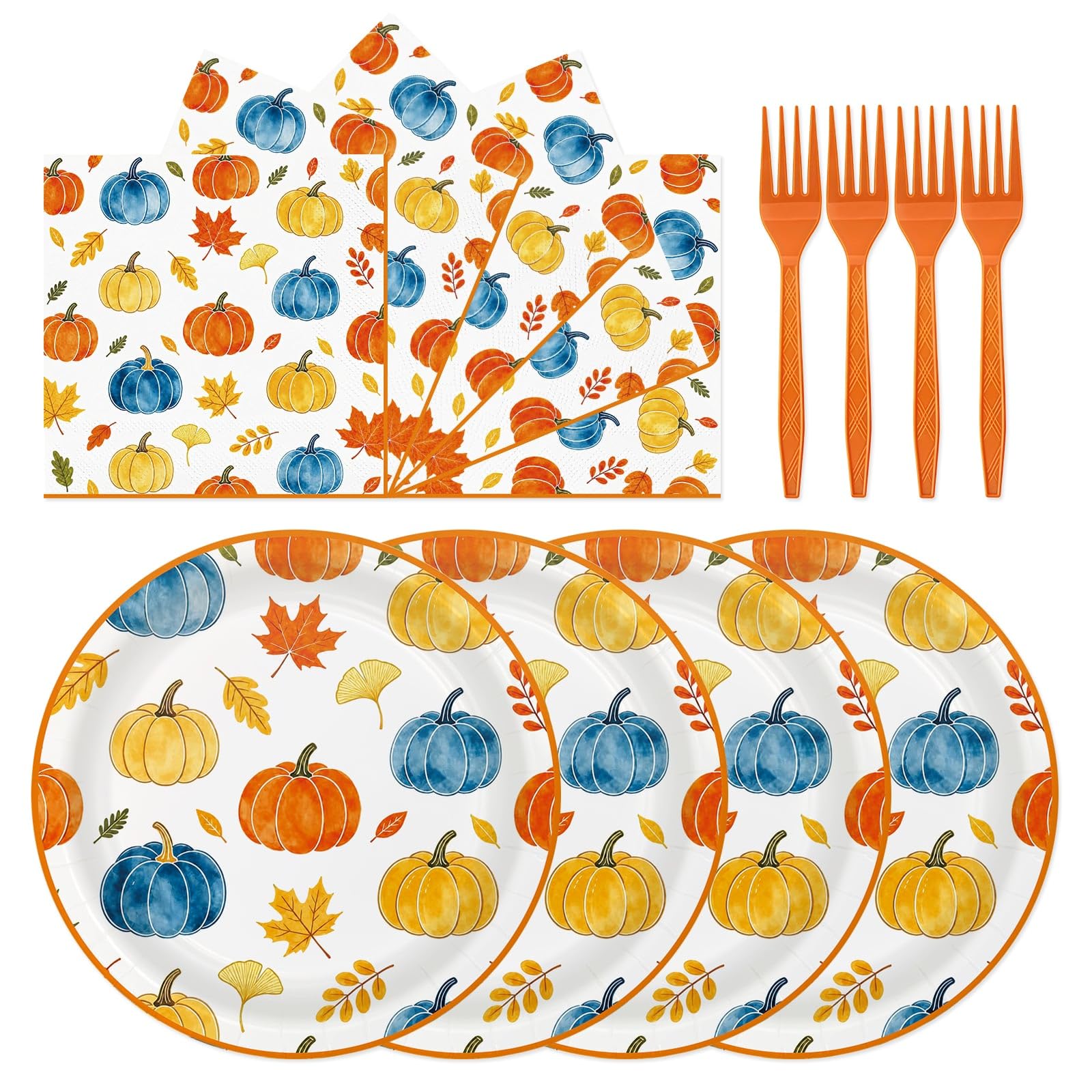 72Pcs Fall Paper Plates and Napkins Set, Autumn Pumpkin Dessert Plates 7in