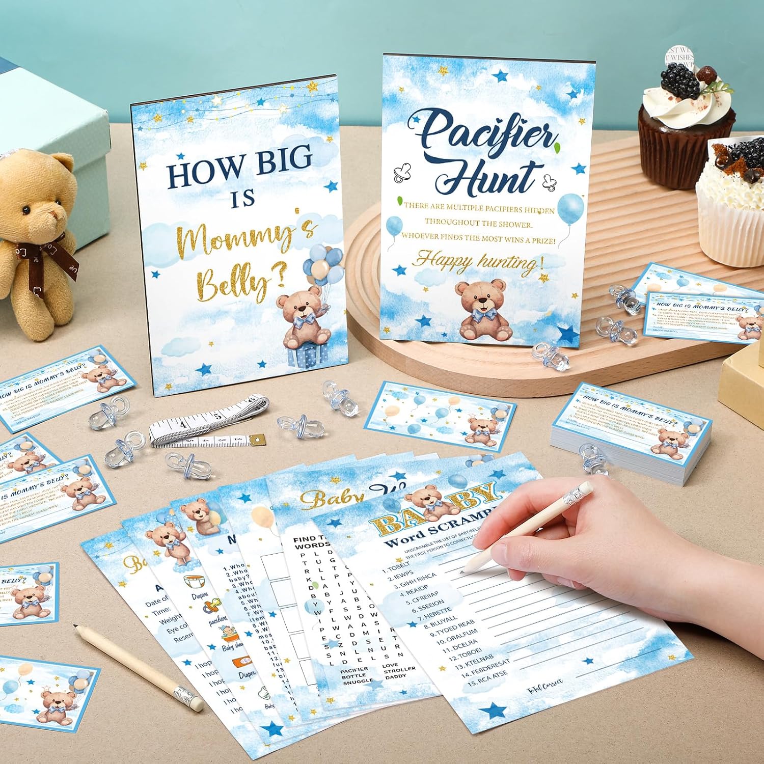 424 Pcs Blue Bear Baby Shower Games Supplies, 6 Sets 300 Activities Cards 1 Pacifier Hunt Sign 50 Acrylic Pacifiers 1 How Big Is Mommy'S Belly Sign 50 Guessing Card 2 Tapes 20 Pencils