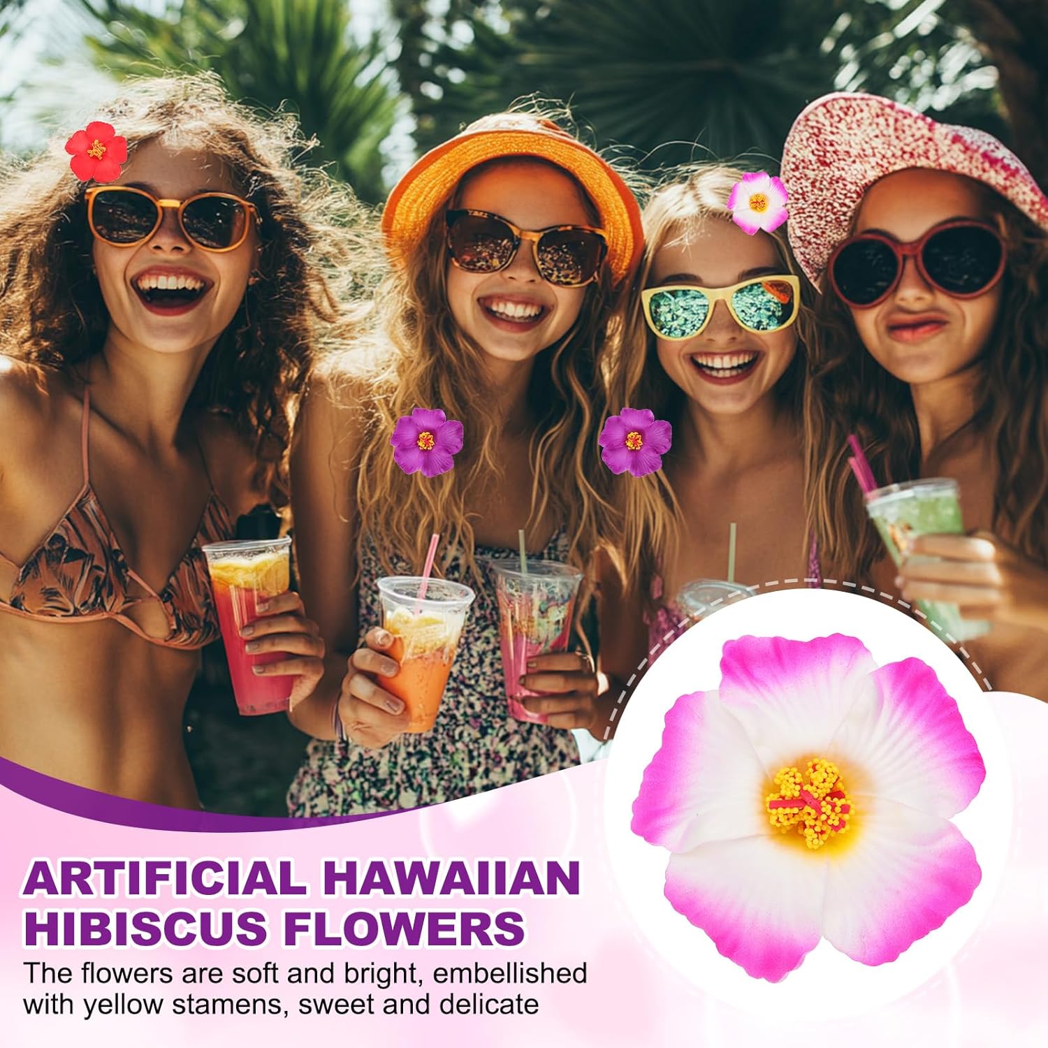 Hawaiian Hibiscus Flowers, 16 Pack Artificial Flowers Hair Clip Diy Foam Hibiscus Flower For Tabletop Decoration Party Favors Supplies, White/Rose Red
