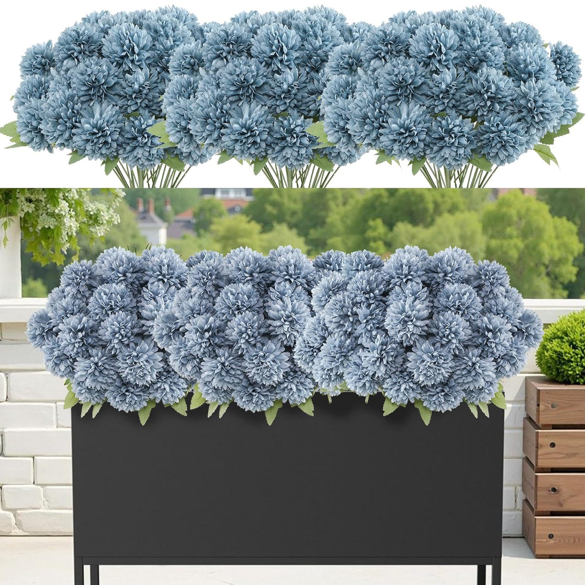 12 Bundle Artificial Mums Flowers For Outdoor Spring Decoration,Faux Ball Chrysanthemums Bouquet Fake Silk Flower For Vase Easter Table Floral Arrangement Wedding Home Decor(12, Haze Blue)