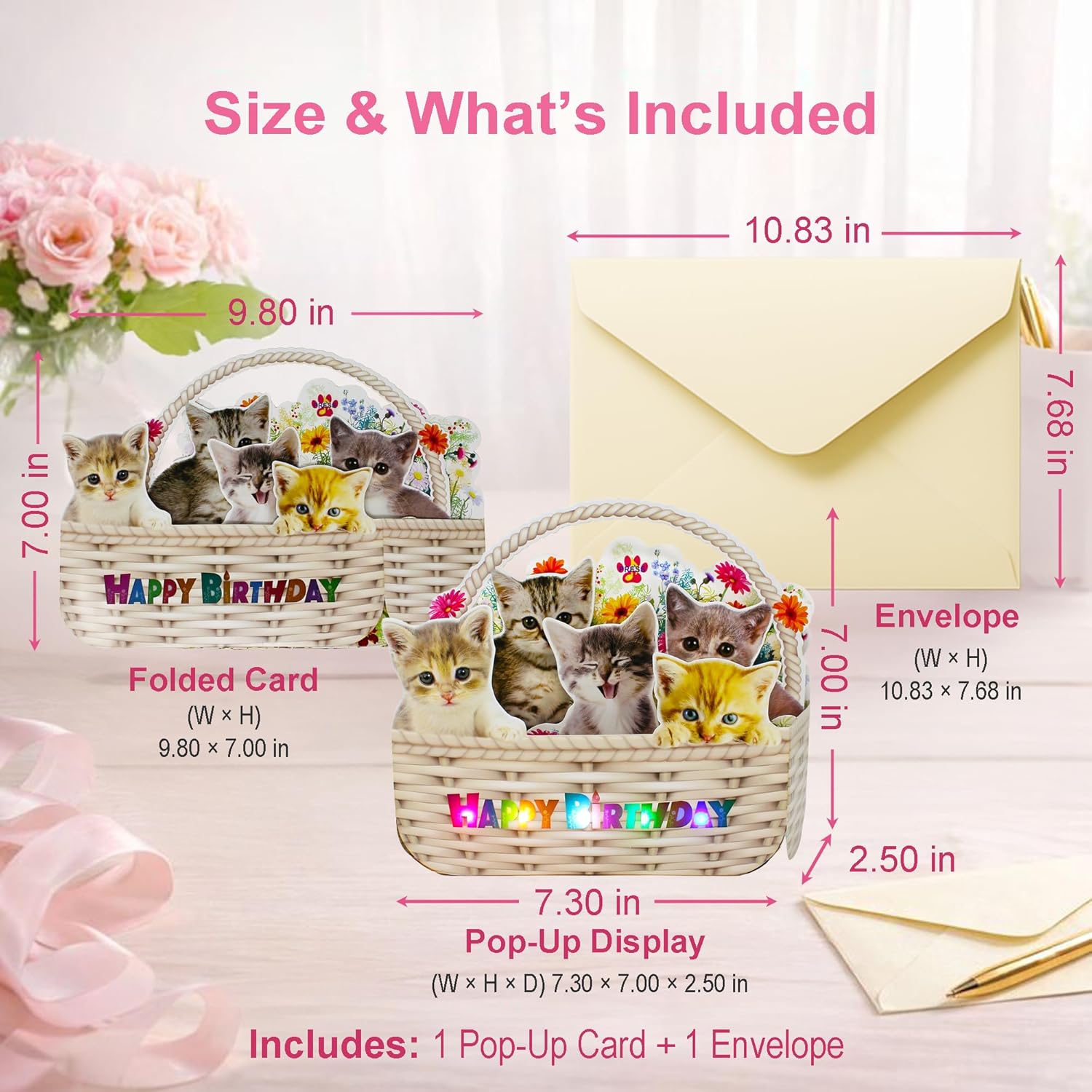 Musical Cat Birthday Pop-Up Card With Led Lights – 2 Happy Birthday Songs Meows & Violin – Cute Kittens In Flower Basket – Light Up 3D Greeting Card For Cat Lovers, Kids, Women, Friends