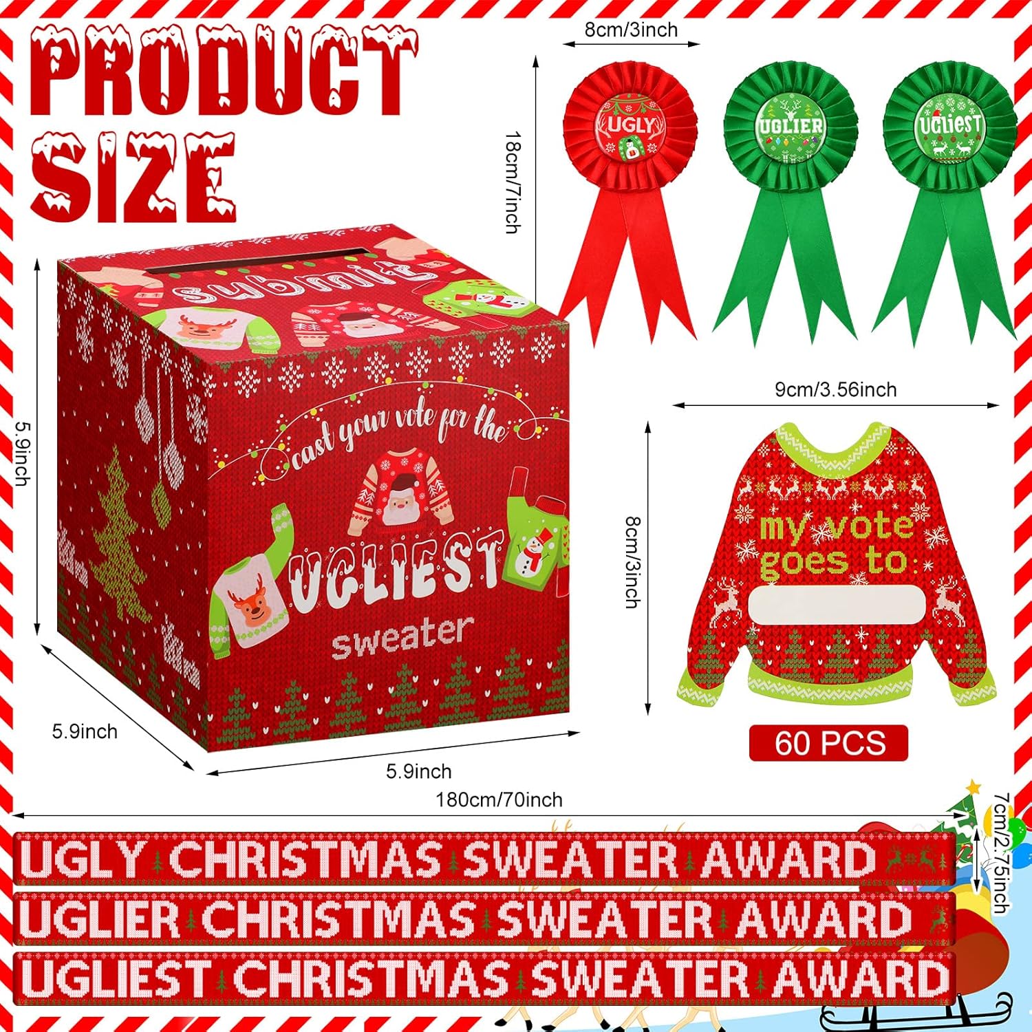 67 Pcs Christmas Ugly Sweater Game Sets With Ugly Sweater Contest Ballot Box, 60 Voting Cards, 3 Games Award Sashes, 3 Xmas Party Award Medal Badges For Christmas Holiday Party Decorations
