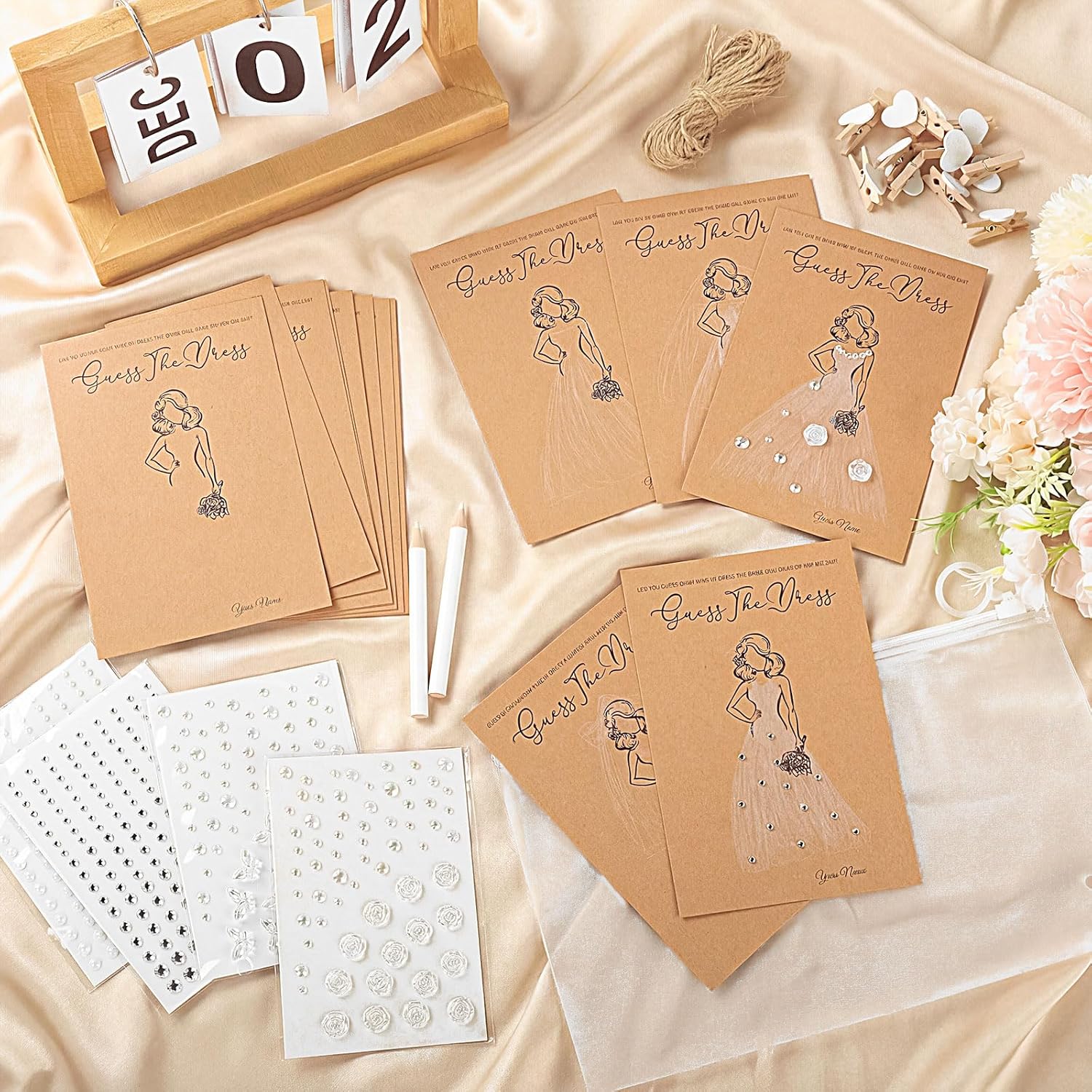 30 Sets Guess The Dress Bridal Shower Games For Guests Include Wedding Game Cards Water Soluble Pencils Pearl Gem Stickers Clips, Fun Wedding Decorations Party Ideas Supplies