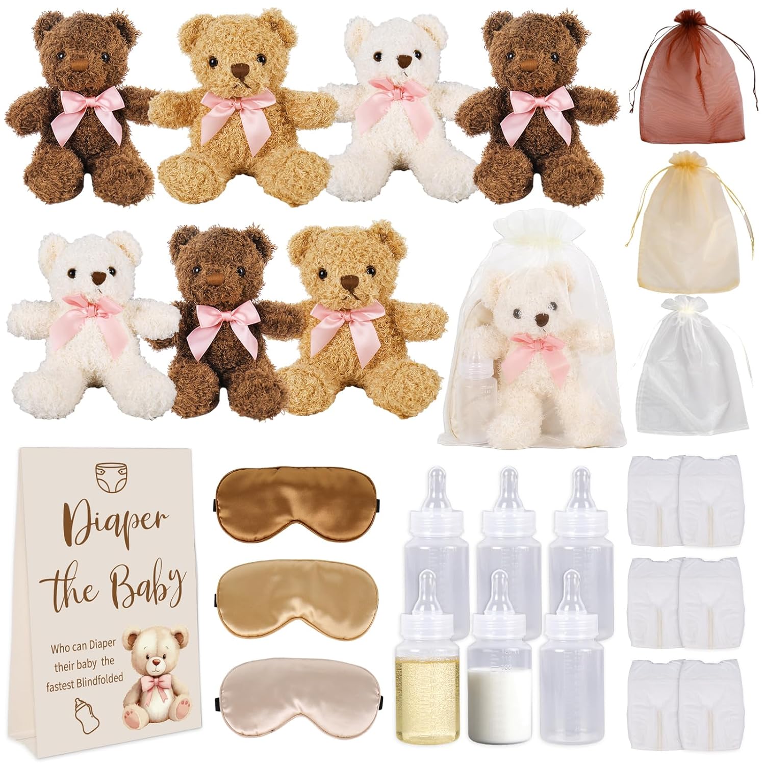 61Pcs Bear Blindfolded Diaper Changing Baby Shower Game Set Funny Baby Dolls Diapers Eye Masks Milk Bottles For Gender Reveal Party Game Prize Gift Supplies