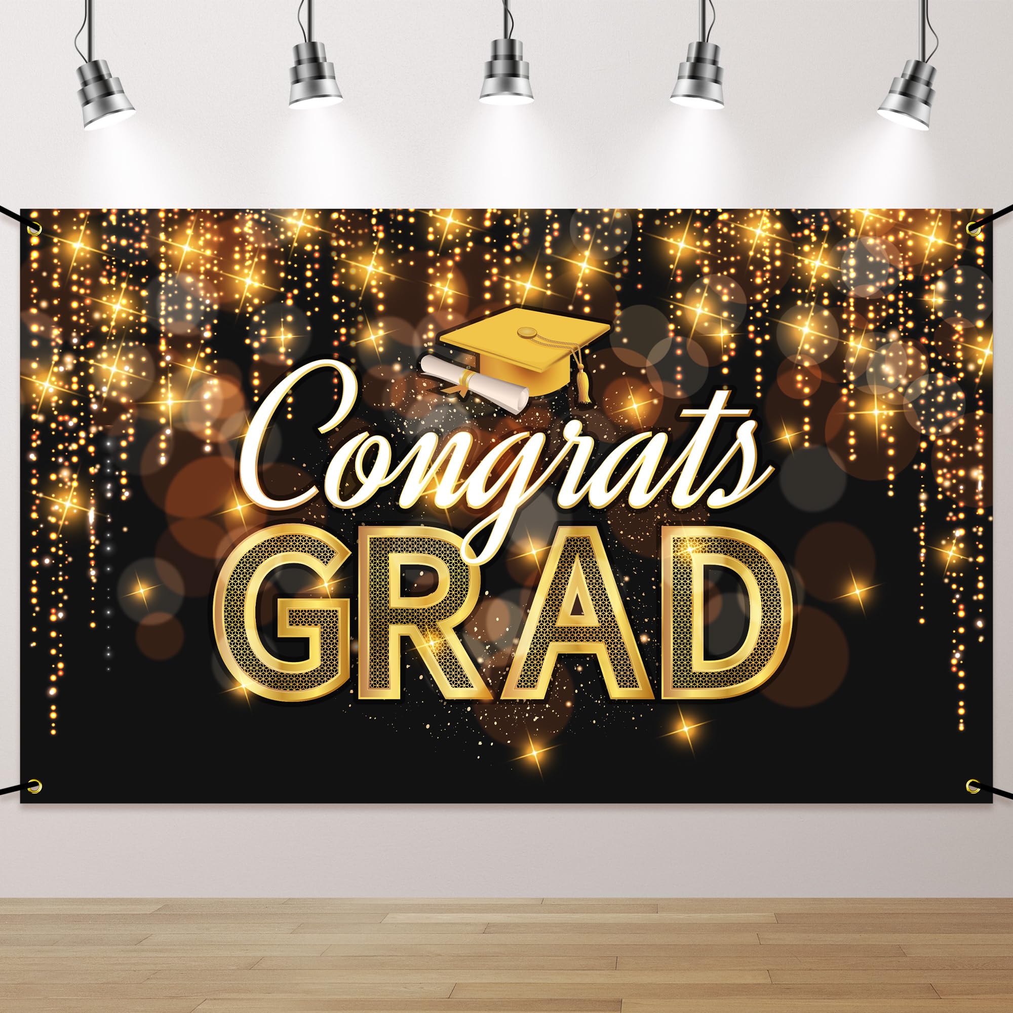 Congrats Grad Banner Black Gold - 72x44 Inch, Graduation Banner 2026, Graduation Decorations, Congrats Grad Backdrop for High School College Graduation Party Decor