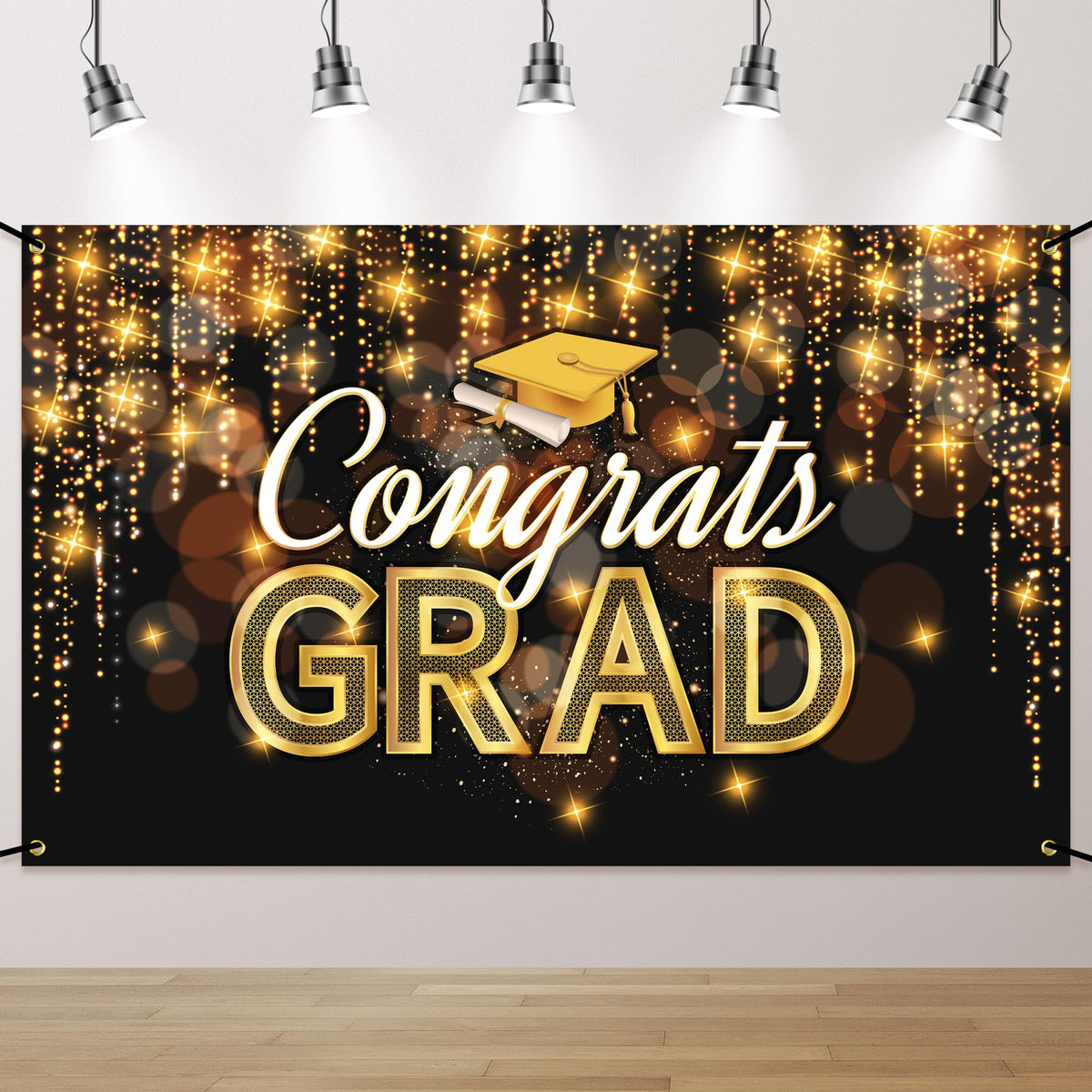 Congrats Grad Banner Black Gold - 72x44 Inch, Graduation Banner 2026, Graduation Decorations, Congrats Grad Backdrop for High School College Graduation Party Decor