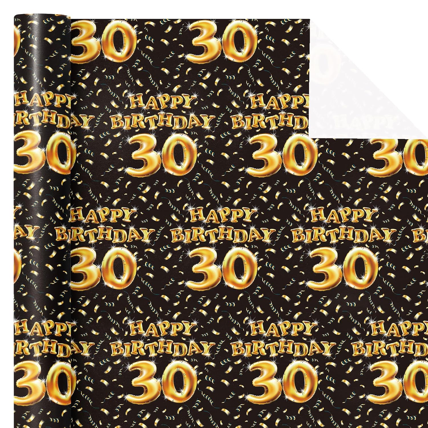 30Th Birthday Wrapping Paper Roll - Mini Roll - 17 Inch X 16.5 Feet - Black And Gold Balloons Happy Birthday Wrapping Paper Perfect For Man, Party, Holiday