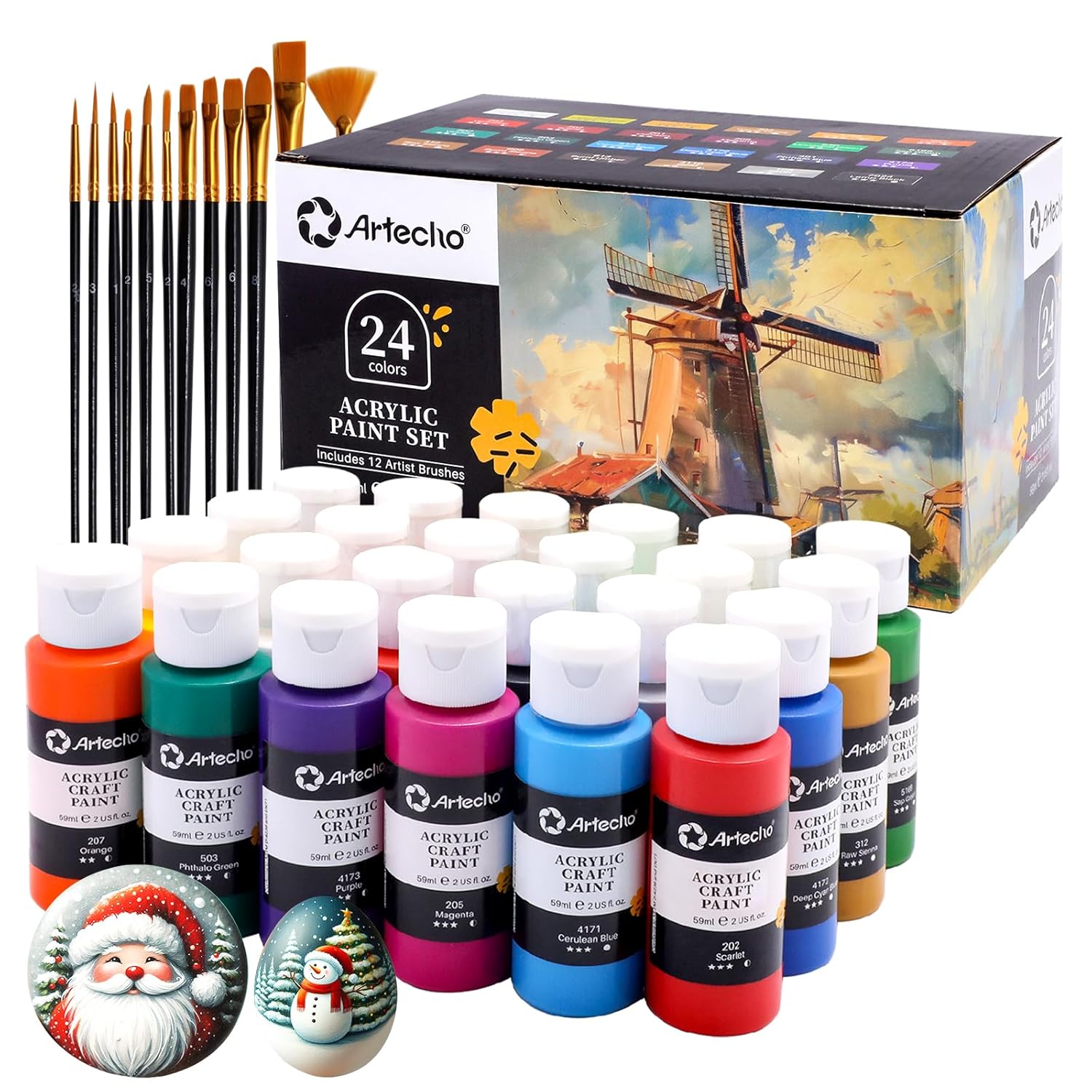 Acrylic Paint Set 24 Colors 2Oz/59Ml With 12 Brushes, Art Craft Paints Kit, Paint For Canvas, Rocks, Wood, Fabric, Ceramic And Art Supplies, Non Toxic Paint For Artists And Beginners