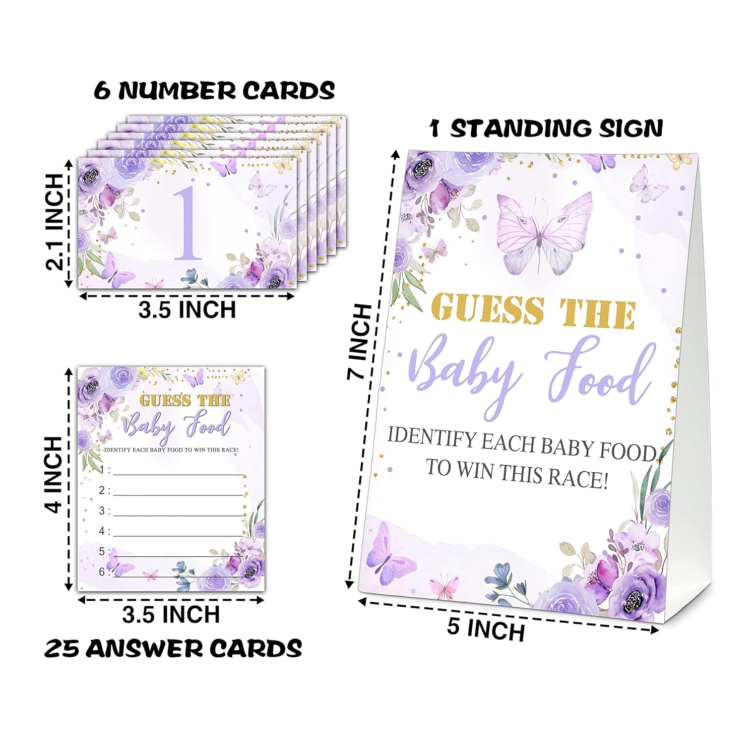 Guess The Baby Food Party Games, Baby Shower Game Set, 1 Standing Sign + 25 Answer Cards + 6 Number Cards, Purple Butterfly Gender Reveal Party Decorations Supplies -A02
