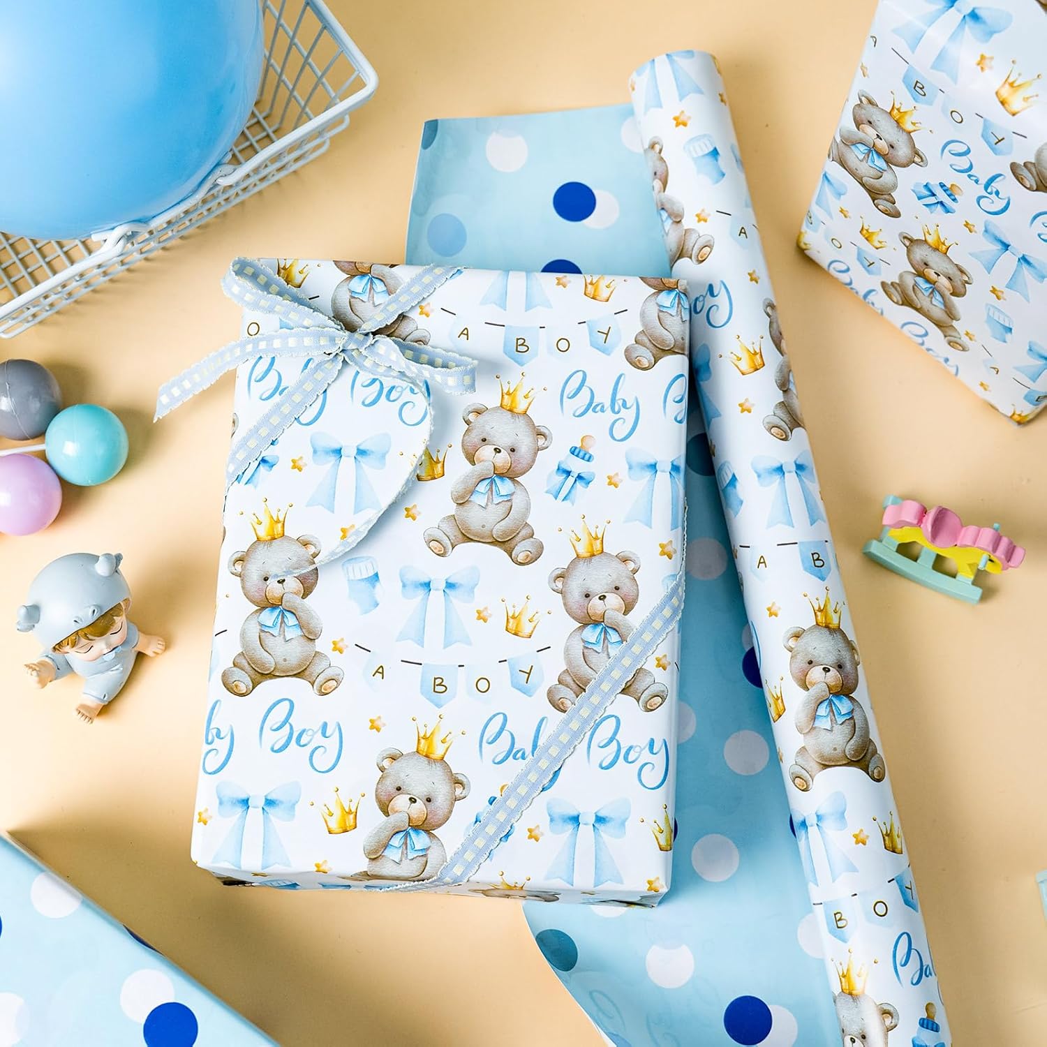 Bear Baby Shower Wrapping Paper, Baby Boy Wrapping Paper, Reversible Watercolor Blue Bear, Bow & Polka Dot Little Boy Gift Wrap For Boys Birthday, Kid Party, 1St Birthday (17 Inch X 16.5 Feet)