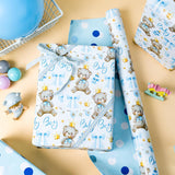 Bear Baby Shower Wrapping Paper, Baby Boy Wrapping Paper, Reversible Watercolor Blue Bear, Bow & Polka Dot Little Boy Gift Wrap For Boys Birthday, Kid Party, 1St Birthday (17 Inch X 16.5 Feet)