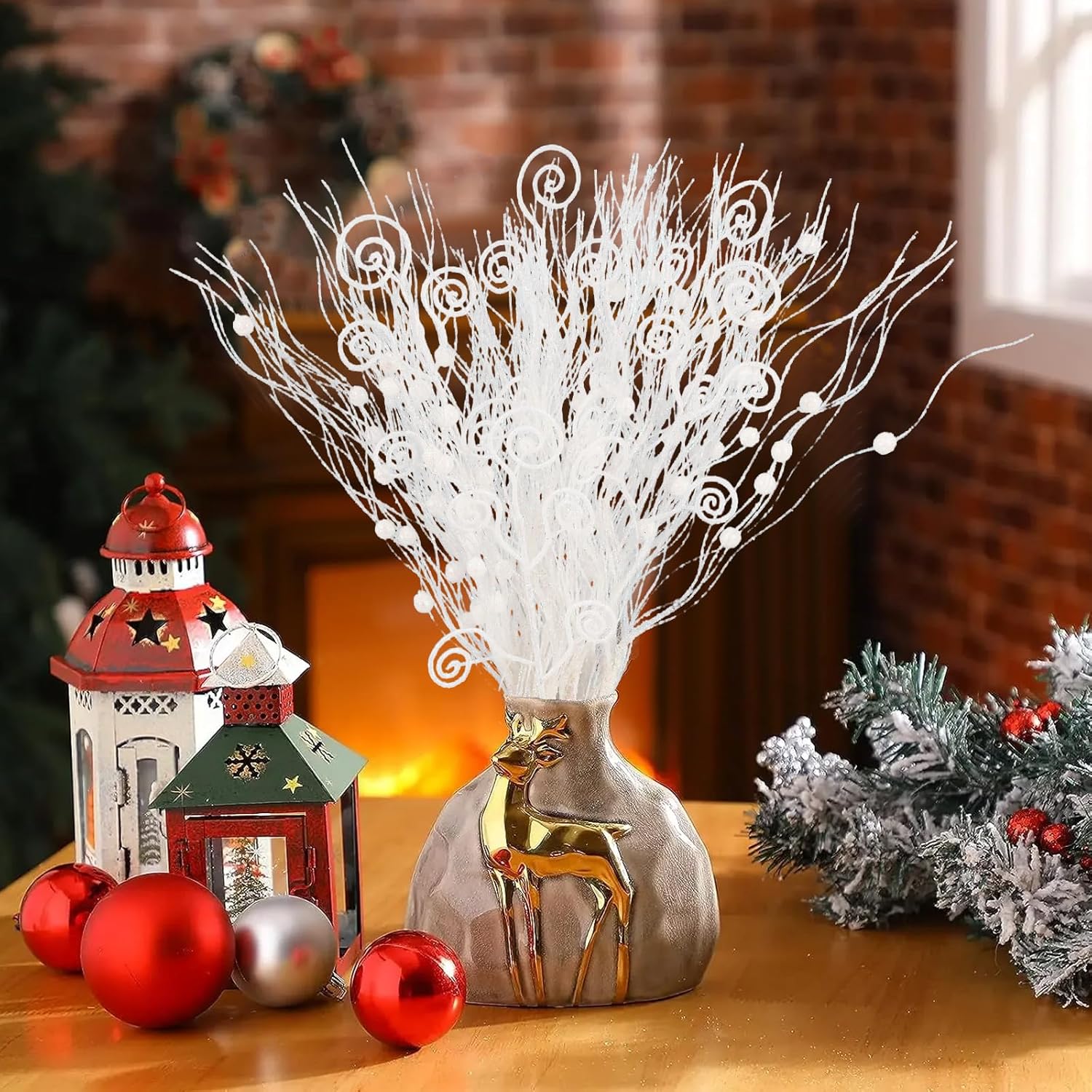 20Pcs Glitter Artificial Curly Berry Stems Ornaments Fake Christmas Candy Picks Decorative Glitter Sticks Branches Combo Set For Xmas Tree Wreath Crafts Vase Filler Home Decor (White)