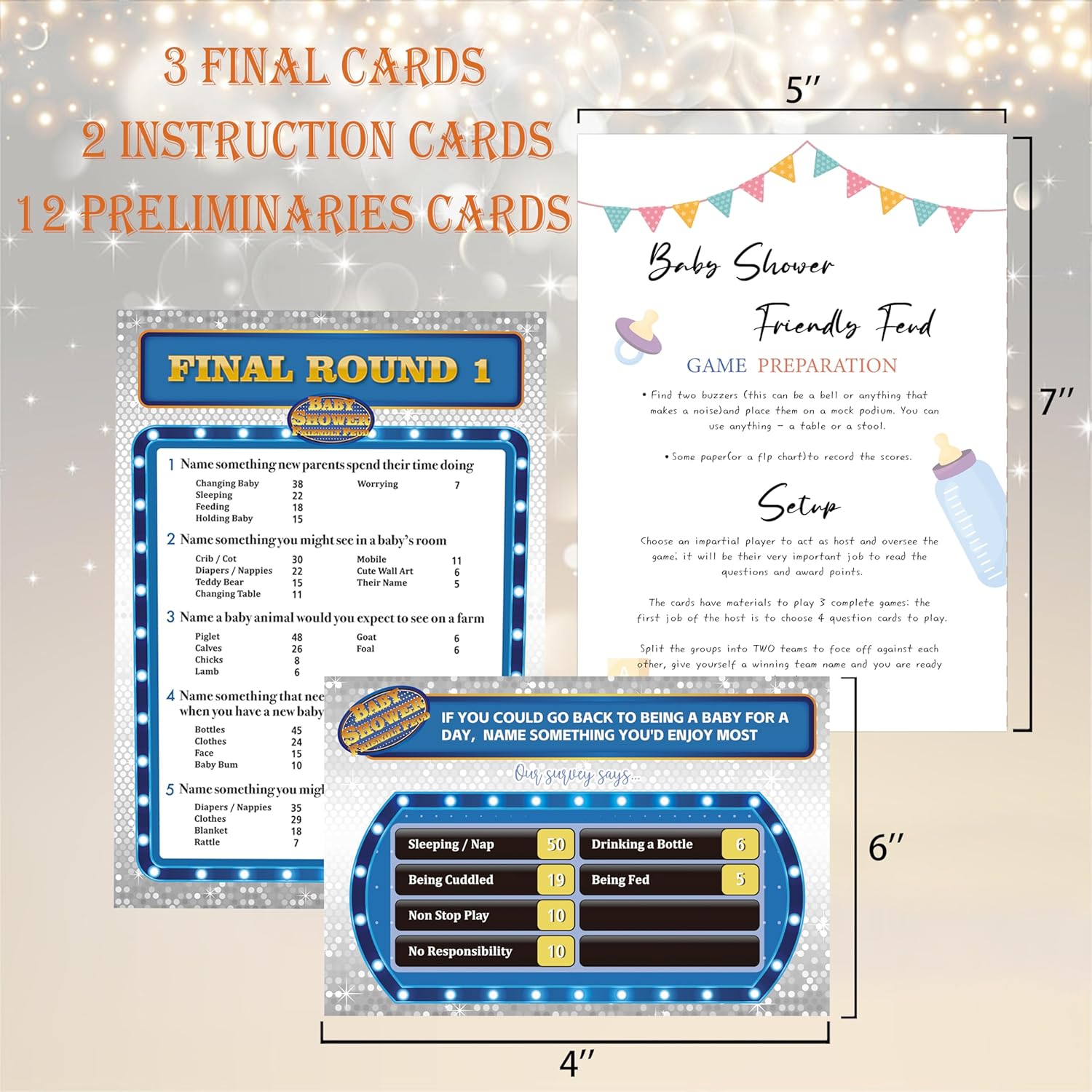 Baby Shower Friendly Feud Game,Gender Neutral Decorations, Babyshower Feud Quiz, Babyshower Decorations,Baby Shower Game Night, 2 Instruction Cards + 12 Preliminaries Cards + 3 Final Cards-Sqbs02