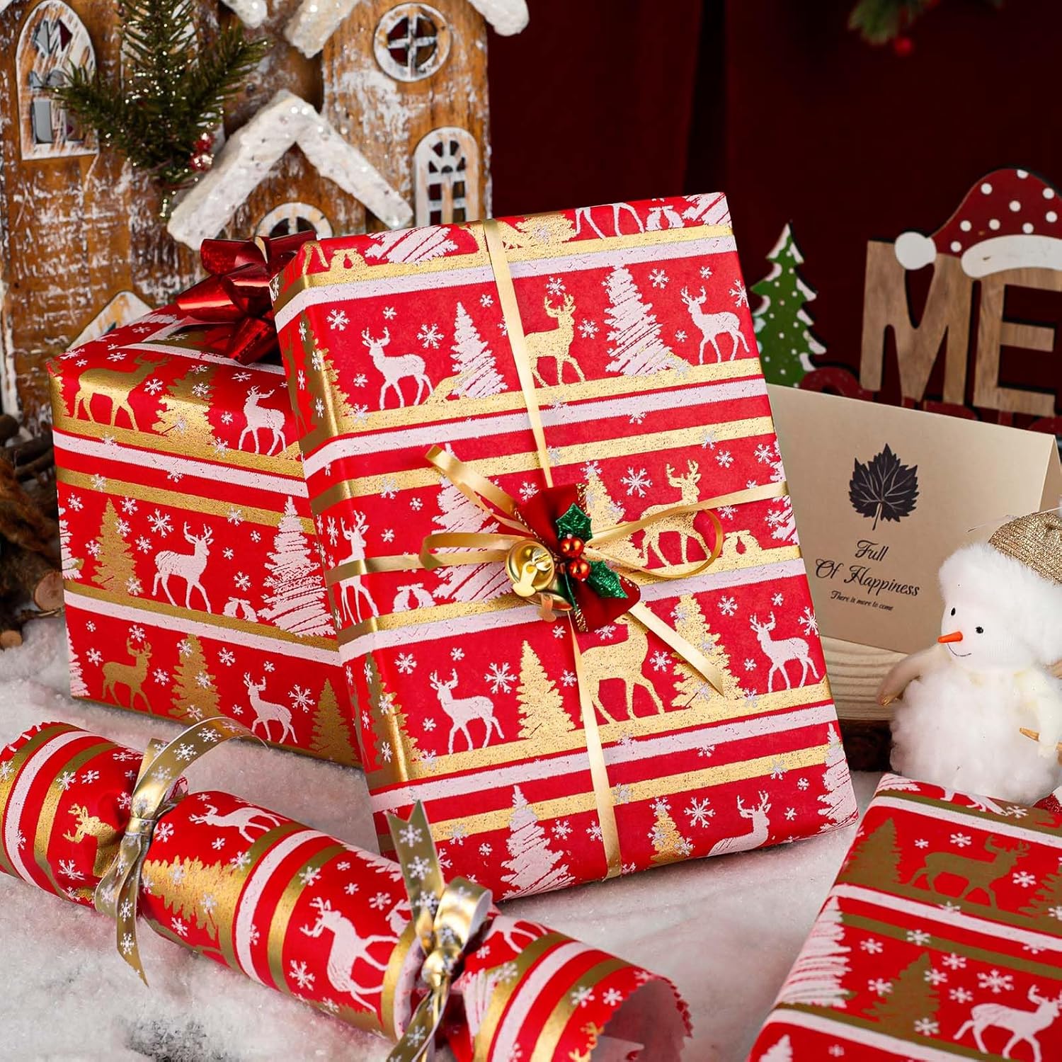 Kraft Christmas Wrapping Paper Roll, Red And Gold Wrapping Paper, Elegant Faux Sparkle Christmas Tree Reindeer Snowflake Pattern Red Gift Wrap For Holiday, Winter Solstice (17 Inch X 33 Feet)