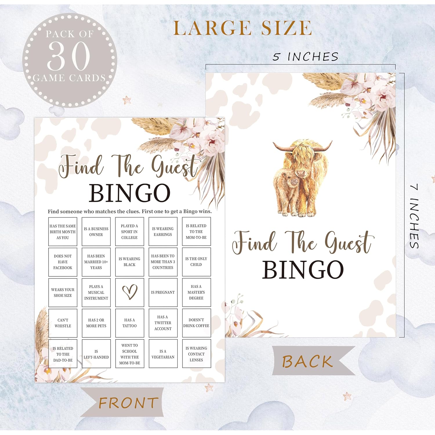 Boho Cow Find The Guest Bingo Game, Baby Shower Game, Pack Of 30 Game Cards, Gender Neutral Boy Or Girl, Fun Baby Game And Activity - Fa25