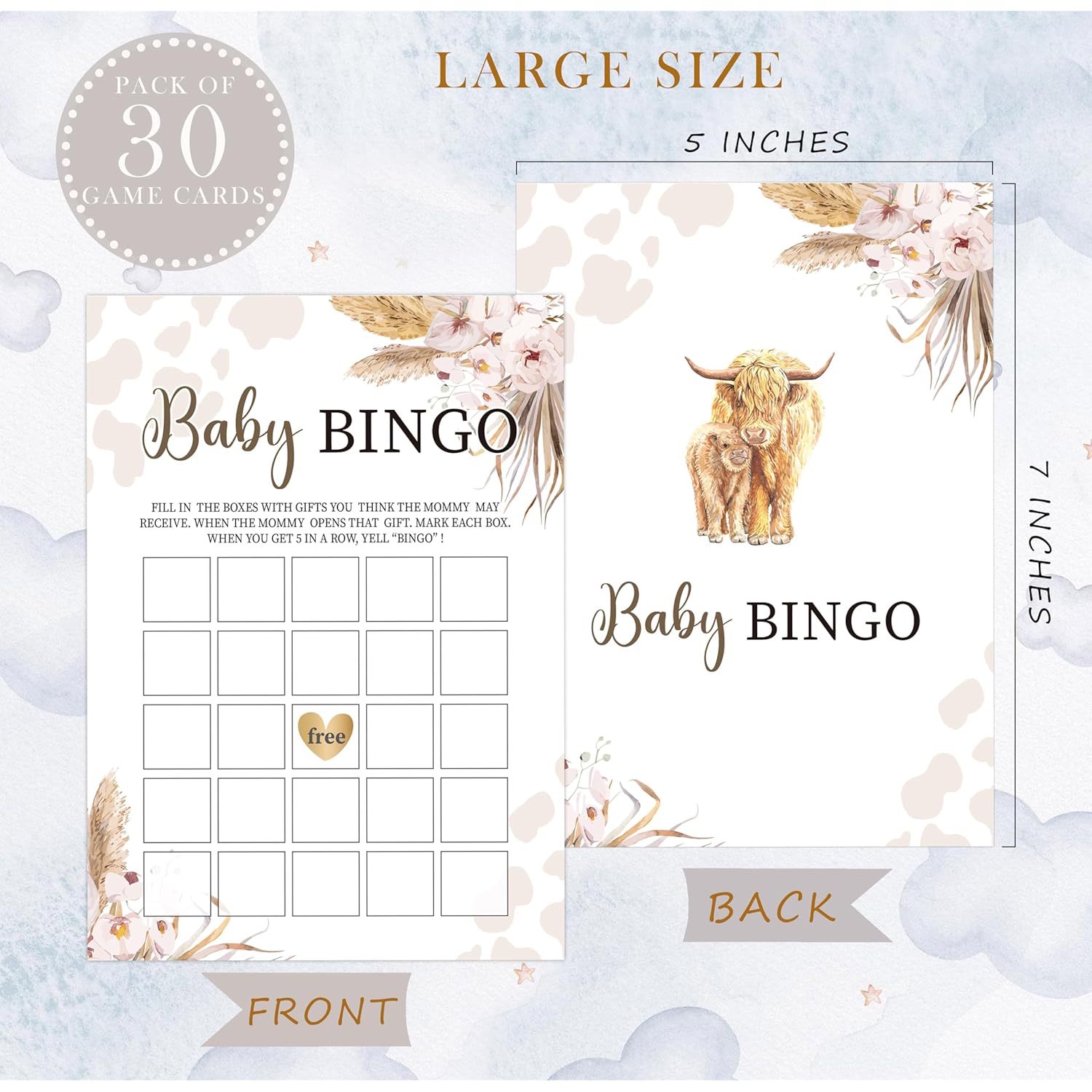 Boho Cow Baby Bingo Game, Baby Shower Game, Pack Of 30 Game Cards, Gender Neutral Boy Or Girl, Fun Baby Game And Activity - Fa26