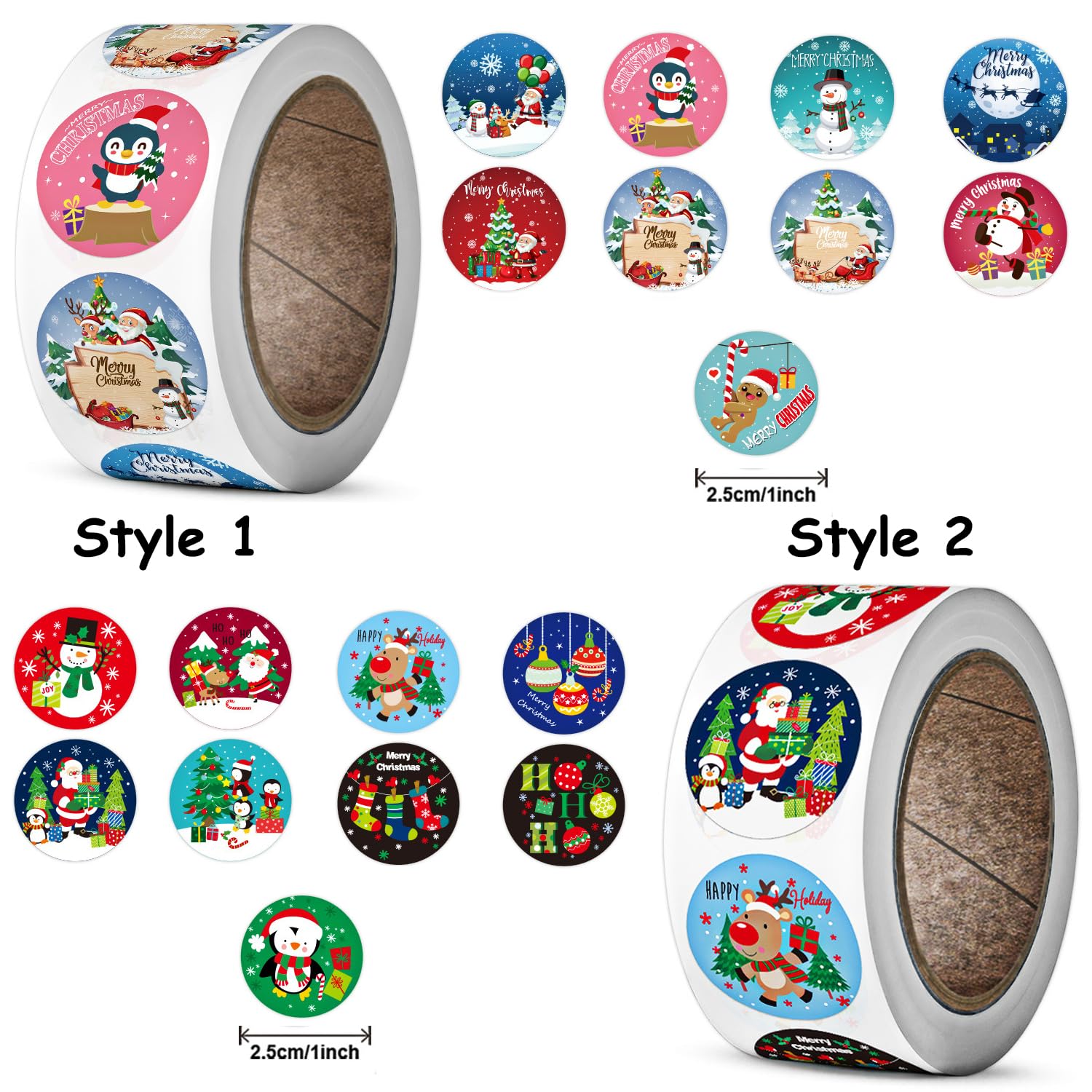 1000 Pcs Christmas Stickers Roll - 1 Inch Self Adhesive Envelope & Round Stickers For Xmas Party Supplies, Holiday Greetings