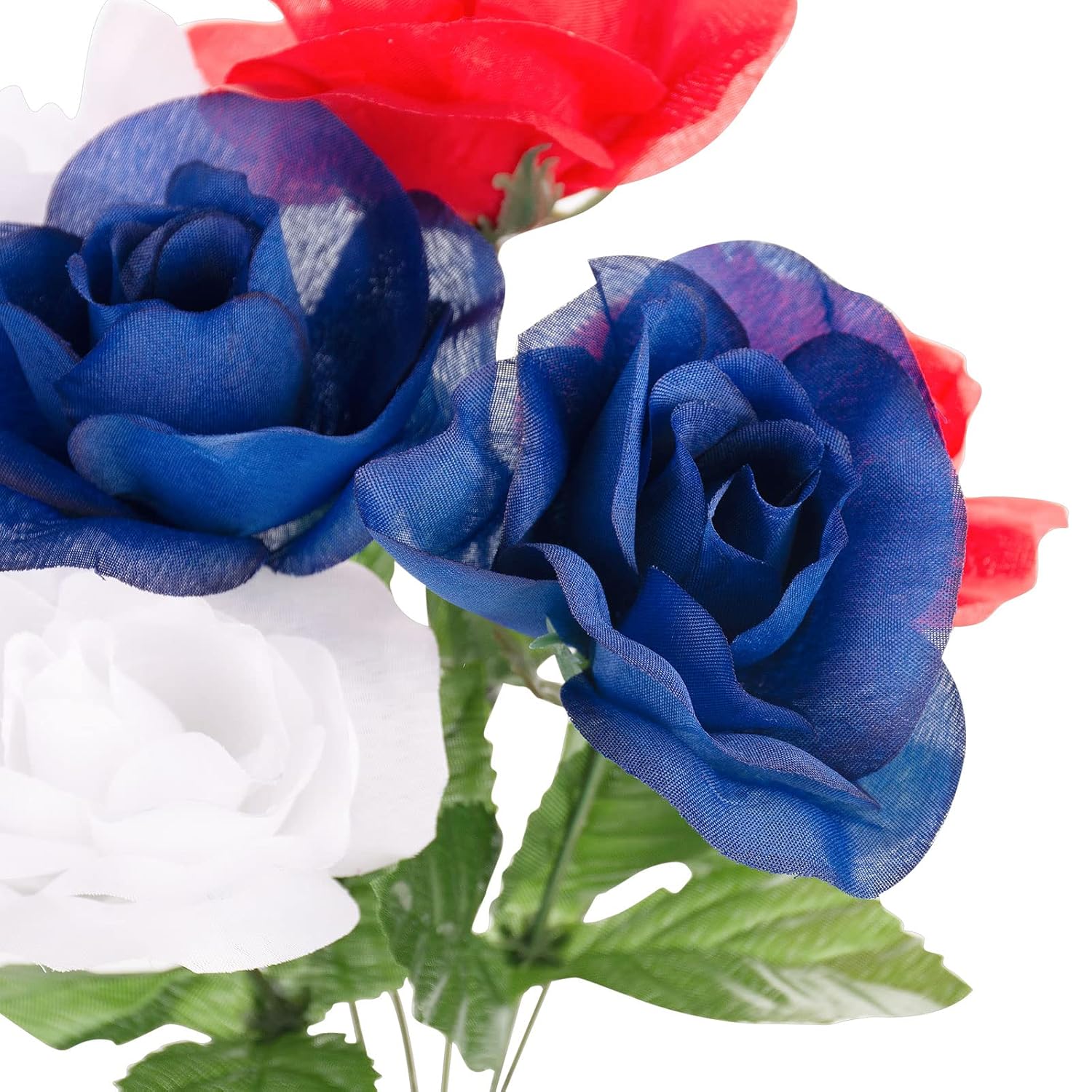12 Stems Patriotic Memorial Bouquet Artificial Blooming Chrysanthemum, Thank You Veterans Roses With American Flags, Artificial Full Blooming Flowers For Memorial Day, Red/Blue/White