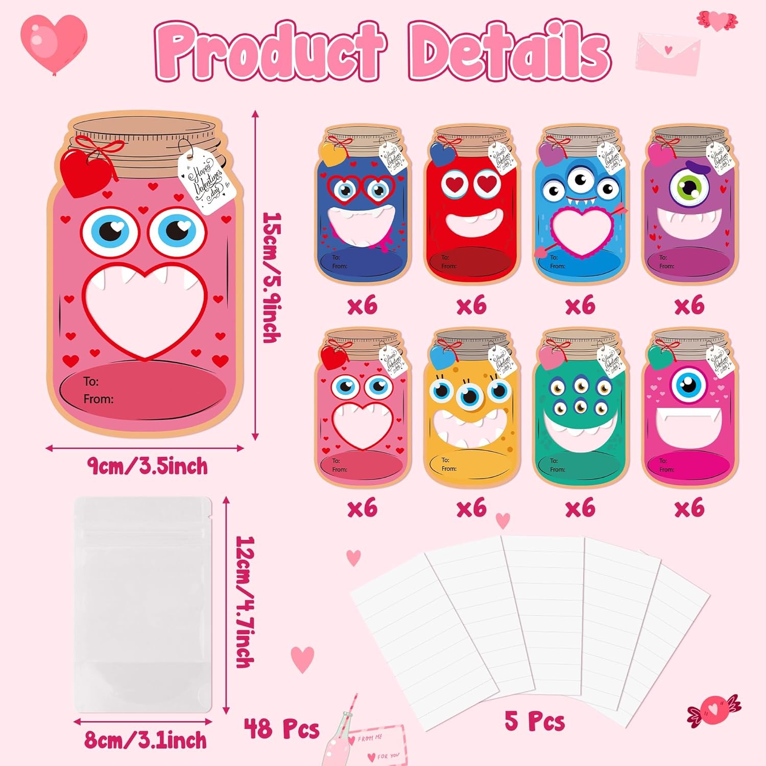 Mason Jar Valentines Day Cards - 48 Pack Monster Mason Jar Valentine Exchange Cards With Treat Bag Bulk For Kid, Funny Monster Exchange Gifts For Boys Girls Classroom Party(Candy Not Included)