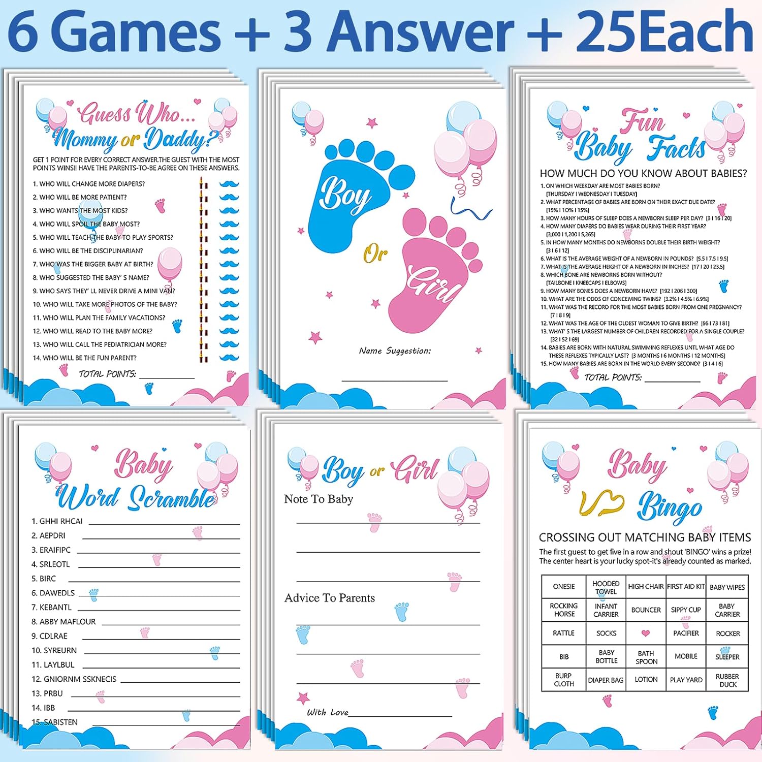 75Pcs Gender Reveal Games For Guests, 6 Funny Games For Boy Or Girl Gender Reveal Decorations Idea Baby Prediction Cards, Mommy Or Daddy