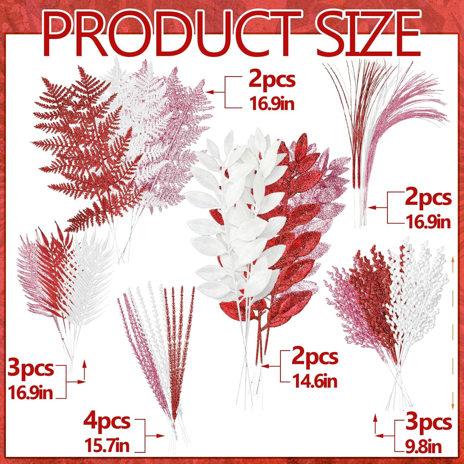 50 Pcs Valentines Picks Decoration 16.9 Inch Red Pink White Valentines Tree Picks And Sprays Glitter Artificial Branch Stems Table Decor For Tree Topper Vase Table Party Decor
