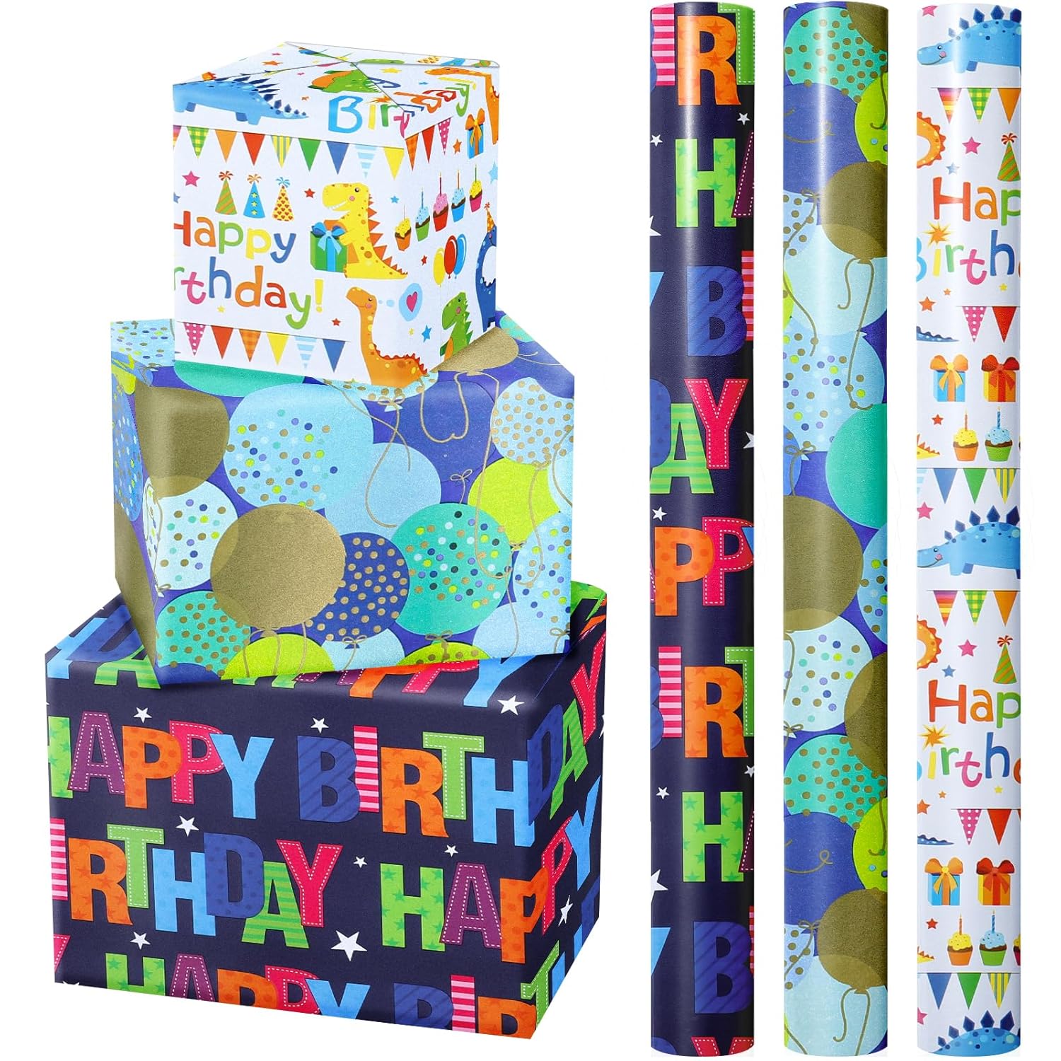 Dinosaur Birthday Wrapping Paper Roll - Mini Roll - 3 Rolls - 17 Inch X 120 Inch Per Roll - Happy Bday Wrapping Paper For Kids Boys Birthday, Baby Shower, Dinosaur Lover