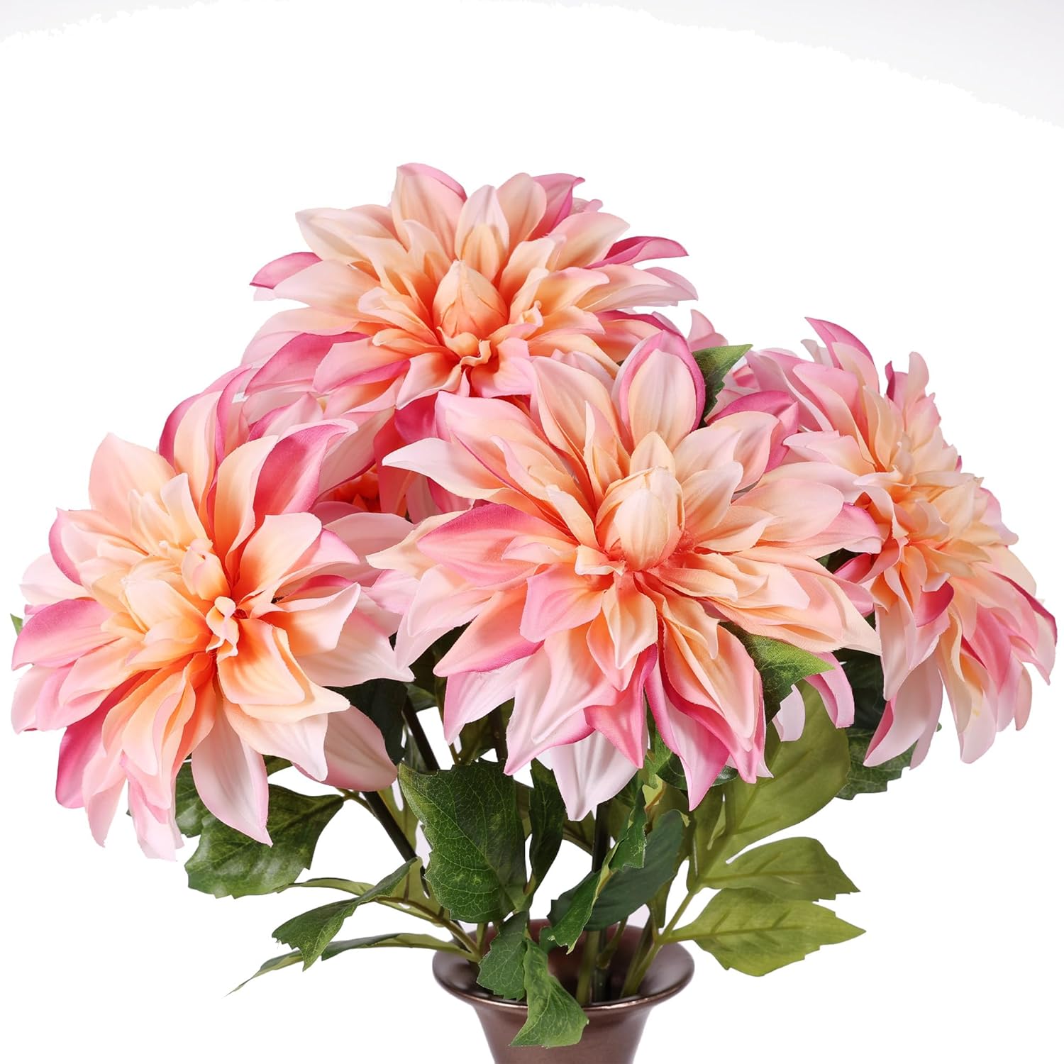 Artificial Peach Dahlia 6 Large Heads With Stem Faux Fake Silk Flower Decor For Vase Bouquet Home Living Room Indoor Outdoor Wedding Spring Summer All Seasons Diy Decoration Arrangement