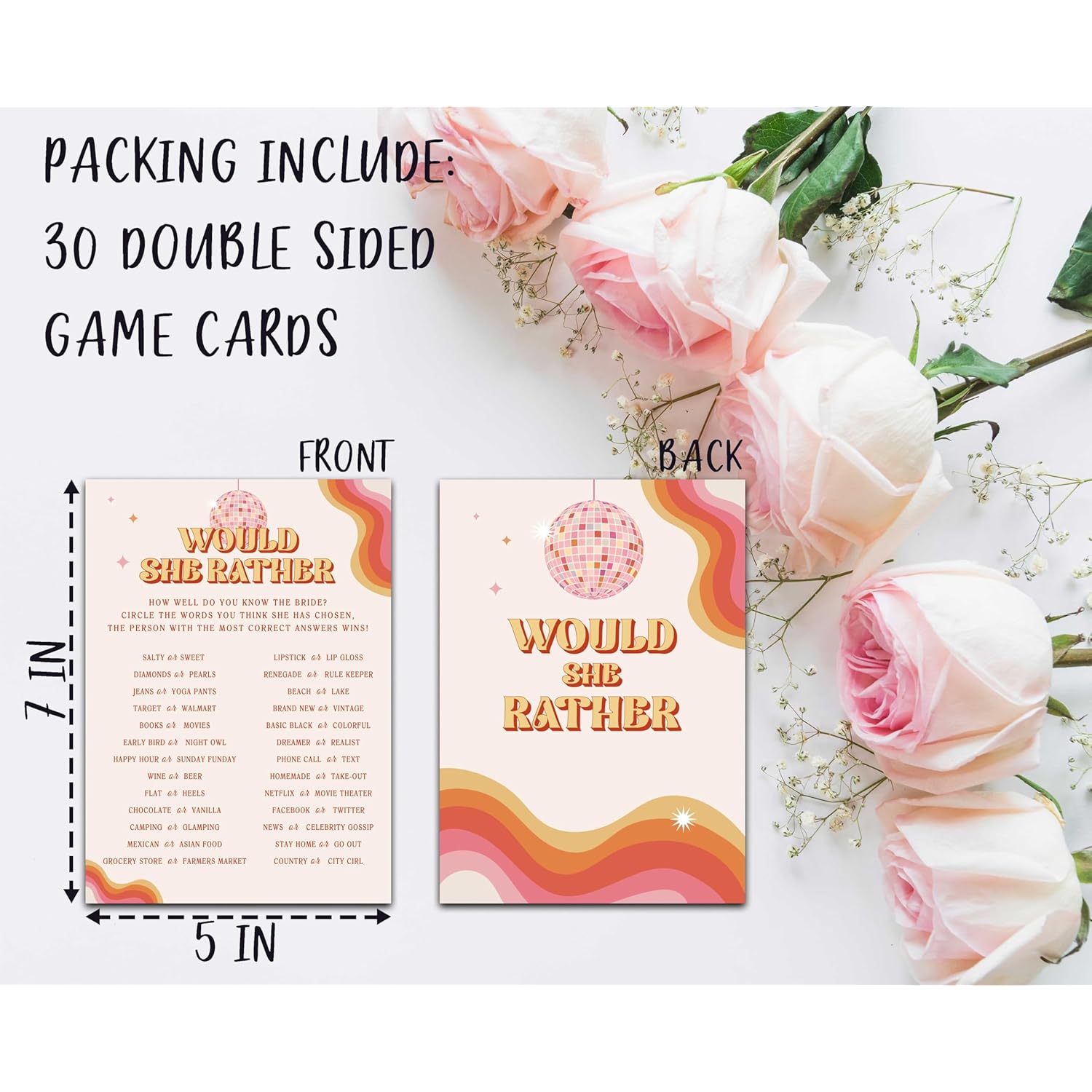 Disco Wedding Shower Games, Would She Rather Bridal Shower Games Cards, Retro Bachelorette Party Game Ideas, Engagement Party Supplies & Activity, Set Of 30 Cards -B05