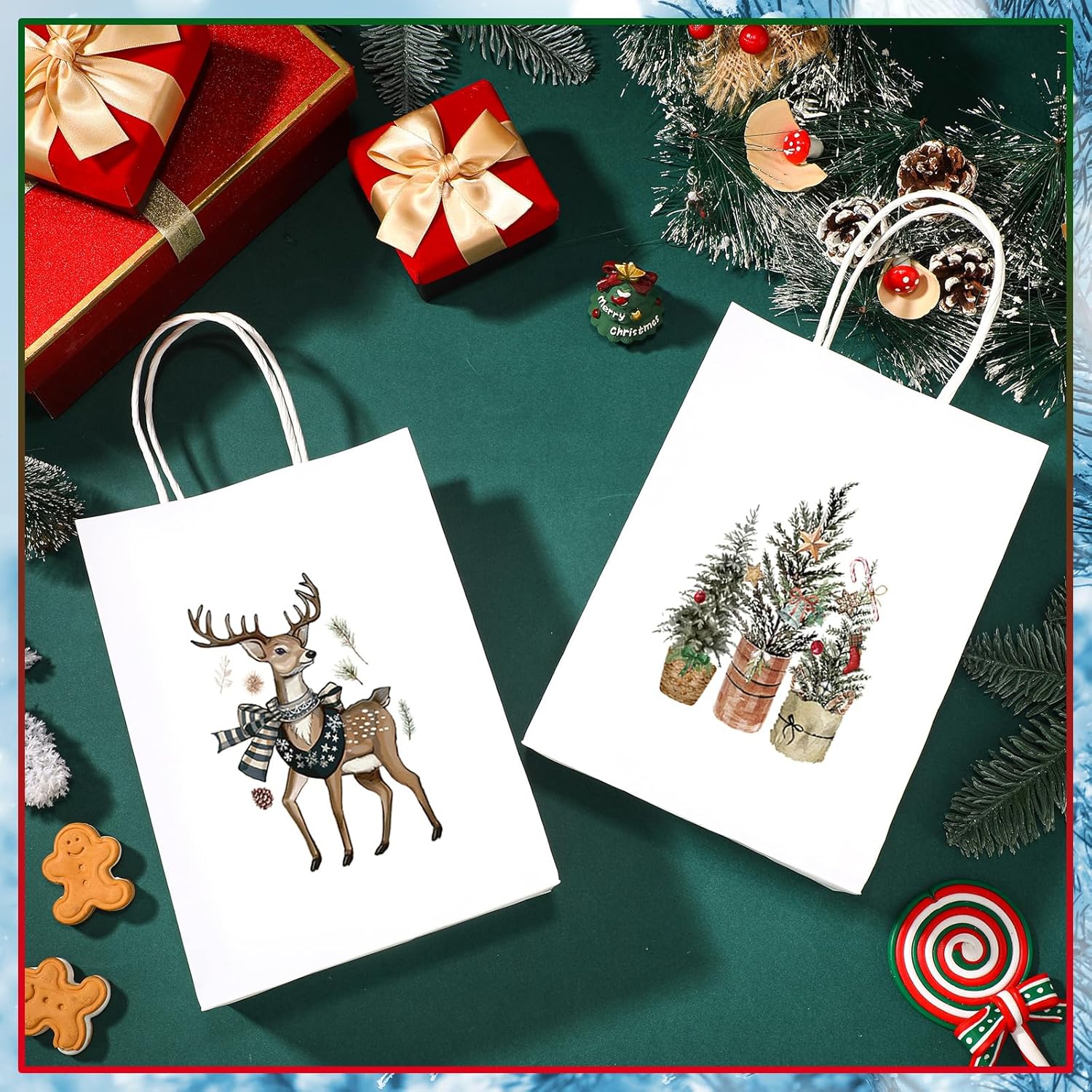 24 Pack Modern Rustic Christmas Gift Bags With Handle Boho Watercolor Christmas Small Paper Gift Wrapping Bags For Xmas, Winter Weddings, Birthdays