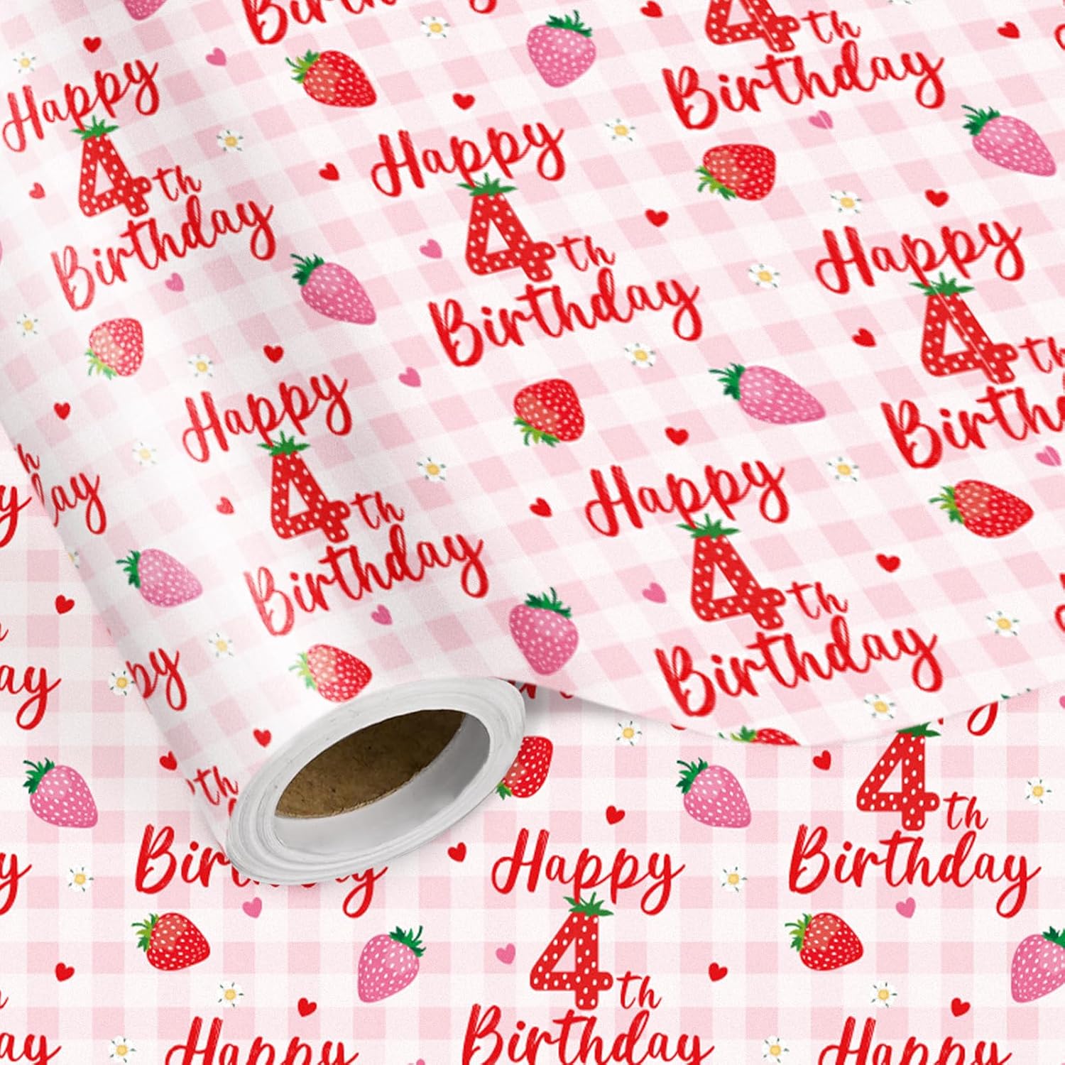 Happy 4Th Birthday Wrapping Paper Roll, Strawberry & Pink Gingham Gift Wrap For Girl’S Fourth Birthday Party, Toddler Age4 Decorations & Presents, Mini Roll 17 In X 16.4 Ft