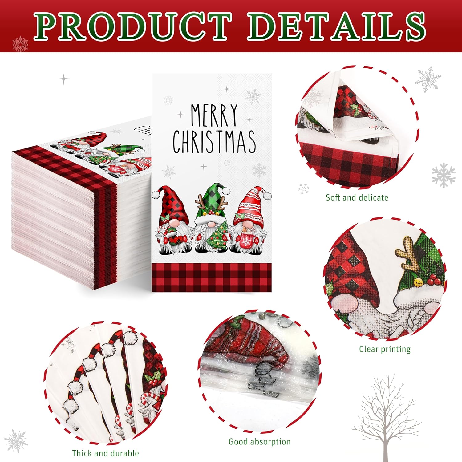 Christmas Napkins Disposable, 100Pcs Christmas Gnome Paper Napkins, Christmas Disposable Paper Decorative Guest Napkins For Christmas Dinner Party Supplies, 7.87 X 4.3 Inch(Gnome)