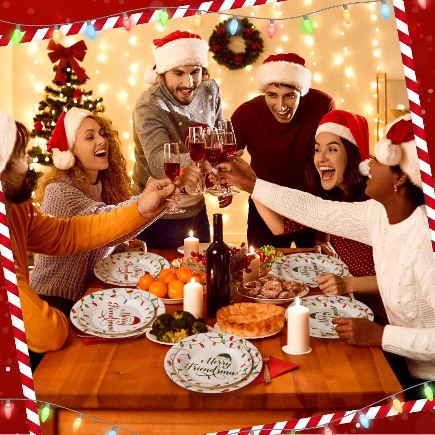 120 Pcs Christmas Lights Disposable Paper Plates Set 9'' And 7'' Merry Friendsmas Christmas Dessert Plates Bulk For Xmas Birthday Party Decor