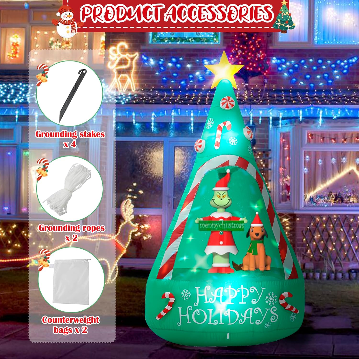 Christmas Green Big Monster Inflatable Decorations, 6Ft Light Up Christmas Inflatable Tree Outdoor Decorate Build-In 5 L