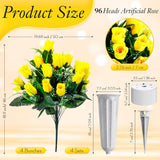 4 Sets Cemetery Flowers For Grave 96 Heads Artificial Rose Bouquet Arrangement With Vase Silk Memorial Flowers For Christmas Memorial Day(Yellow)