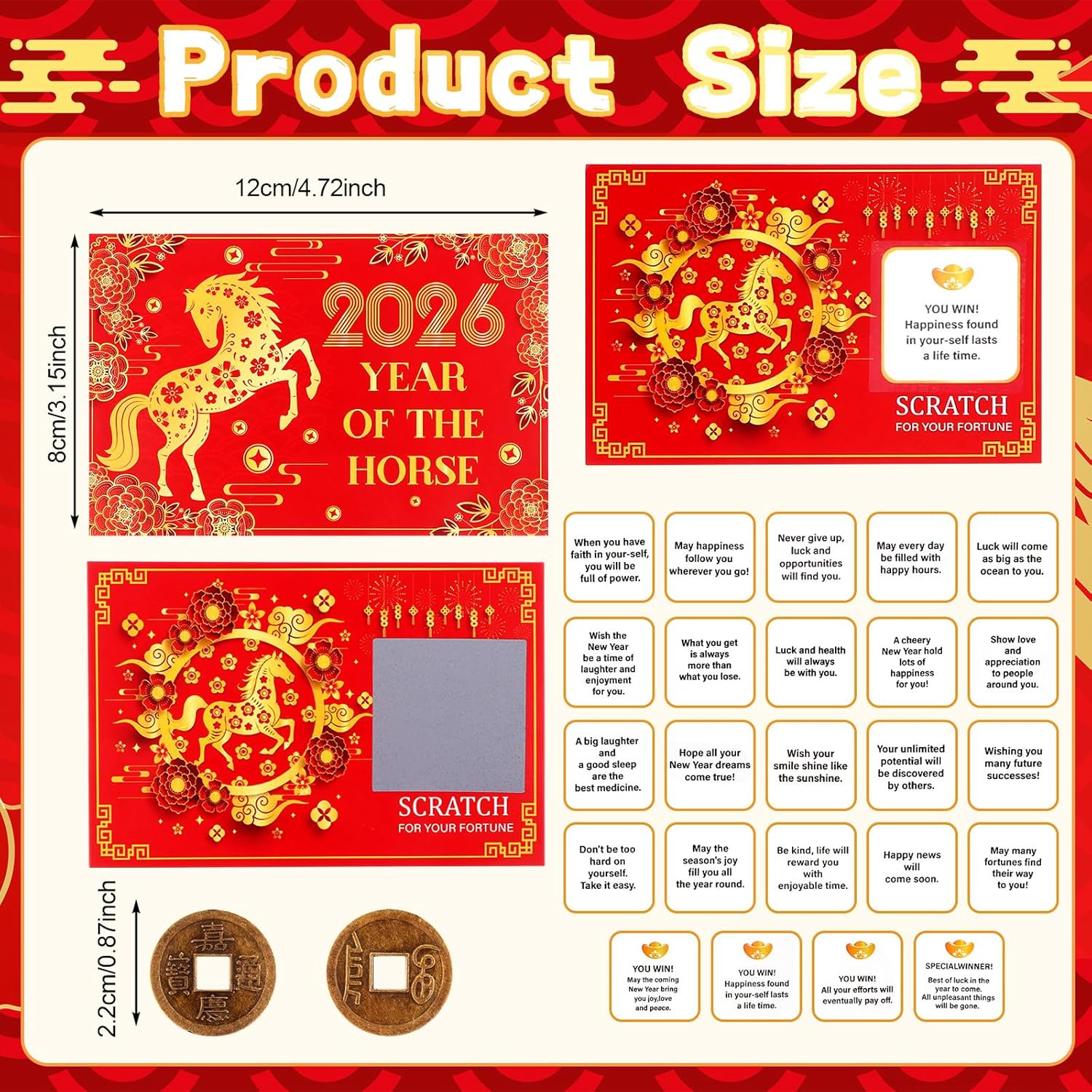 125 Pcs Chinese New Year Scratch Off Fortune Cards With 25 Feng Shui Coins 2026 Year Of The Horse Party Fortune Games Red Chinese New Year Scratch Off Cards For Spring Festival Lunar New Year Decor