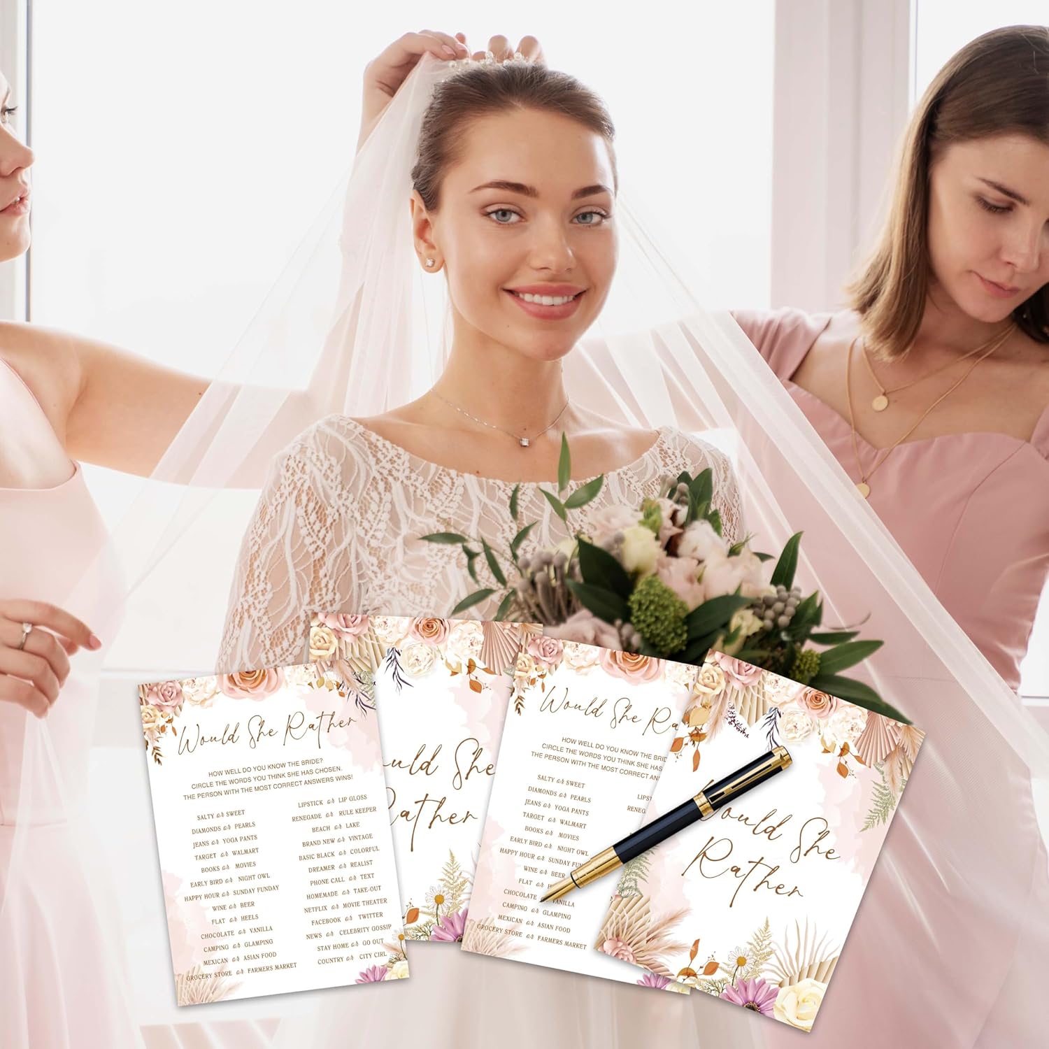 Boho Bridal Shower Game Set - Would She Rather Bohemian Wedding Shower Games Cards - 30 Pack Pampas Grass Engagement Party Decorations - Fall Floral Bachelorette Party Ideas And Activities -06