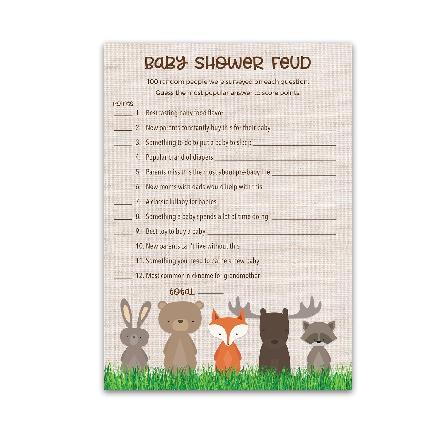 Woodland Animals Baby Shower Feud Game — Pack Of 25 — Country Rustic Gender Neutral Jungle Fun Shower Family Feud Games, Fall Outdoors Shower Activity G601-Bsf