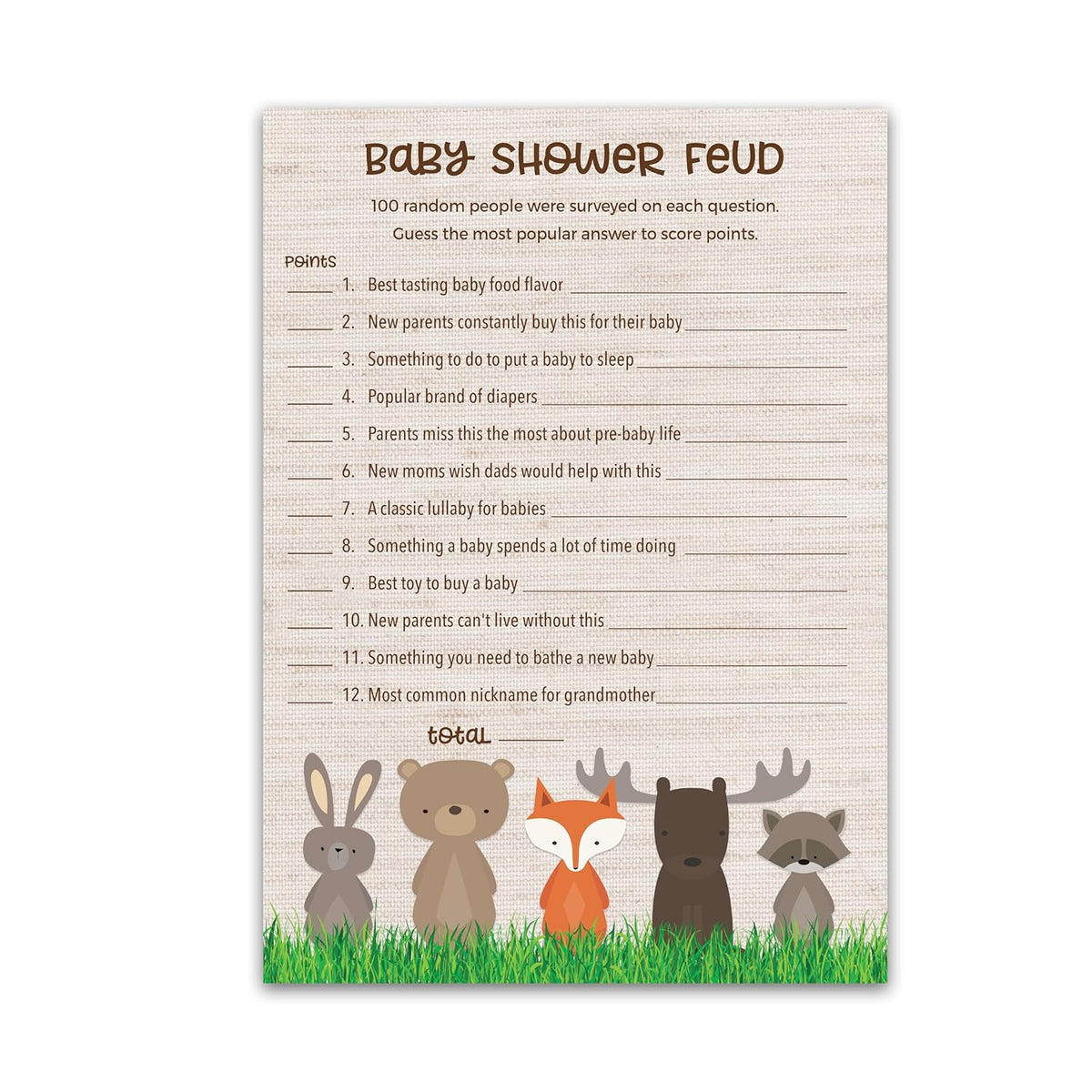 Woodland Animals Baby Shower Feud Game — Pack Of 25 — Country Rustic Gender Neutral Jungle Fun Shower Family Feud Games, Fall Outdoors Shower Activity G601-Bsf