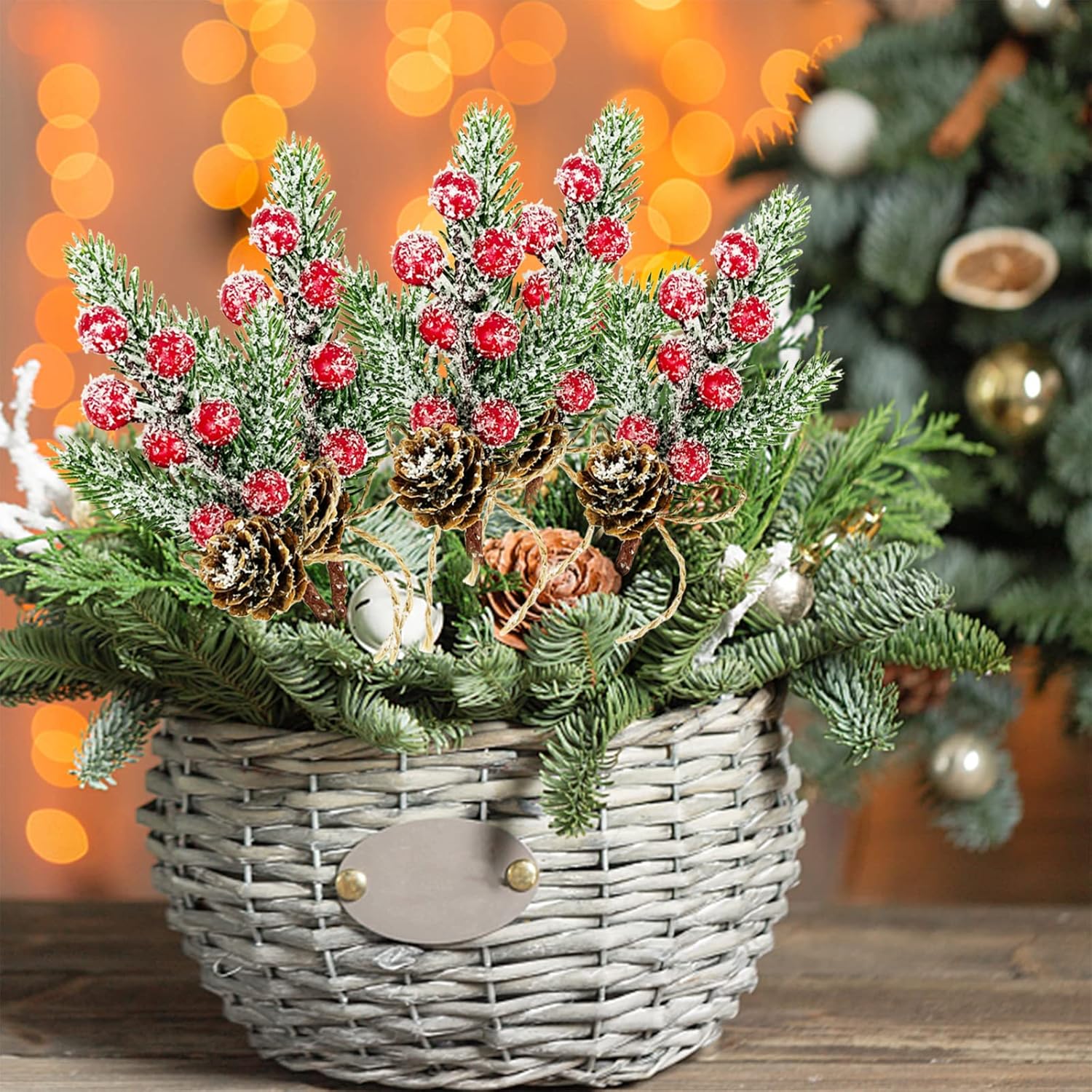 Red Berry Stems Floral Pine Cones Branches 10Pcs Christmas Artificial Evergreen Pine Branches Holiday Floral Picks Holly Stem Craft For Decoration Diy Christmas Xmas Garland Wreath Decoration