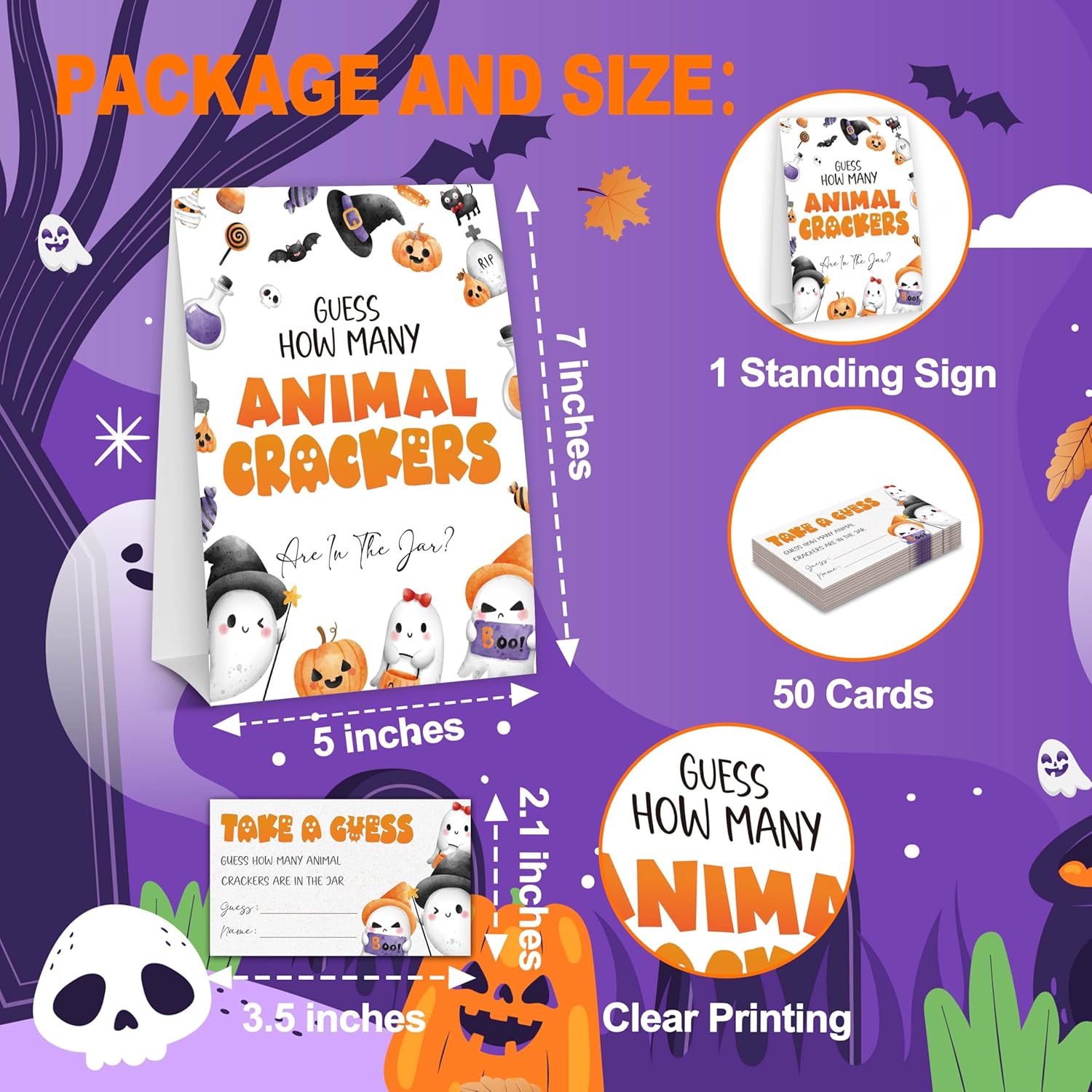 Halloween Baby Shower Games, Spooky Guess How Many Animal Crackers For Pumpkin Gender Reveal Party Supplies Decorations, 1 Standing Sign + 50 Tickets - A05