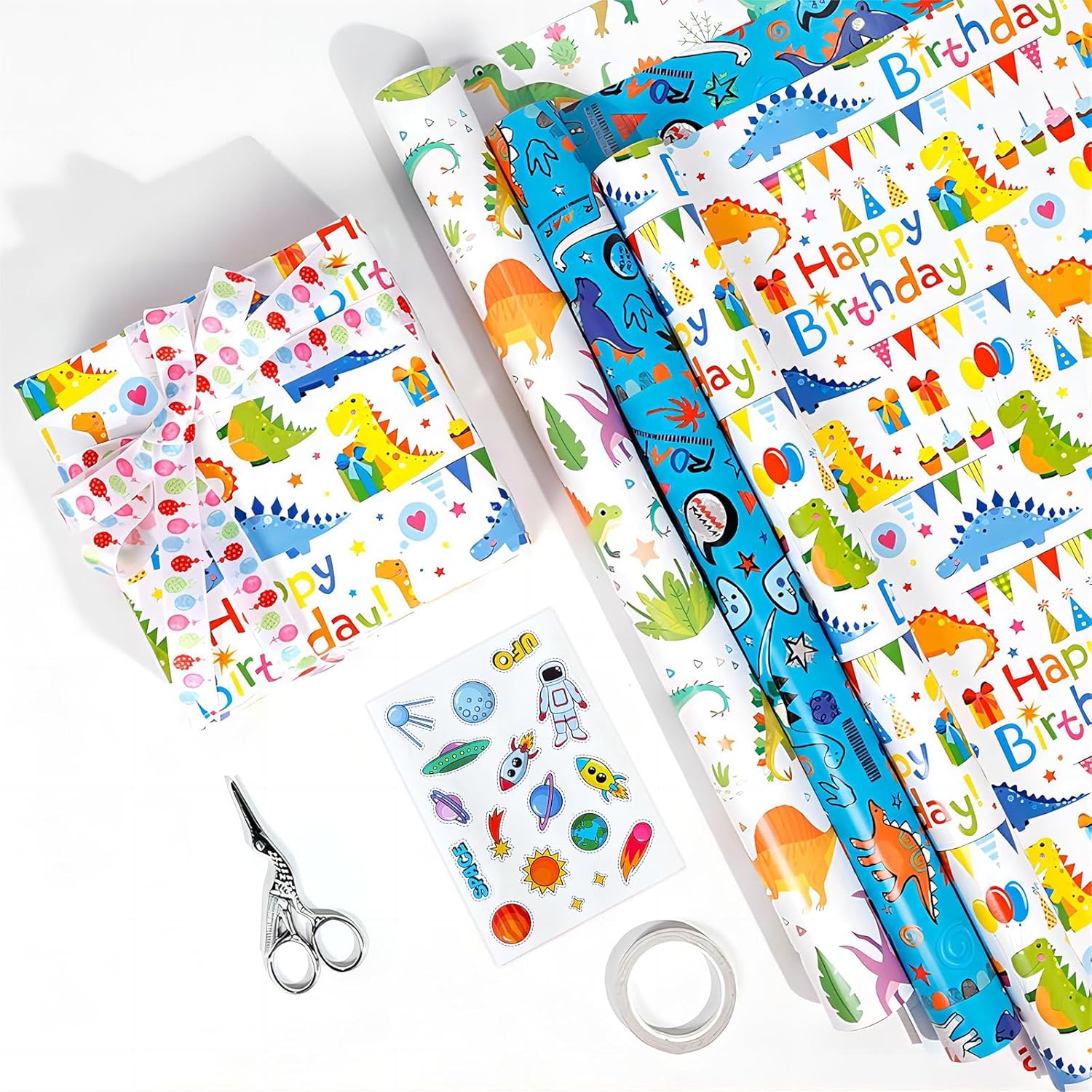 Happy Birthday Dinosaur Wrapping Paper - 3 Rolls, 17" X 120" Each, Packing Paper, Gift Wrap, Dinosaur Party Favor, Birthday Wrap For Girls & Boys, Baby Shower