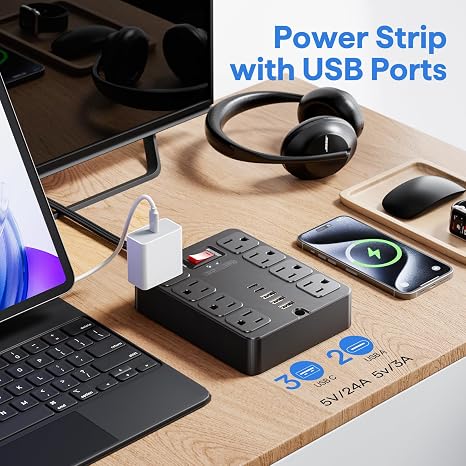 13-in-1 Surge Protector Power Strip Flat Plug 8 AC Outlets 3 USB 5FT Cord