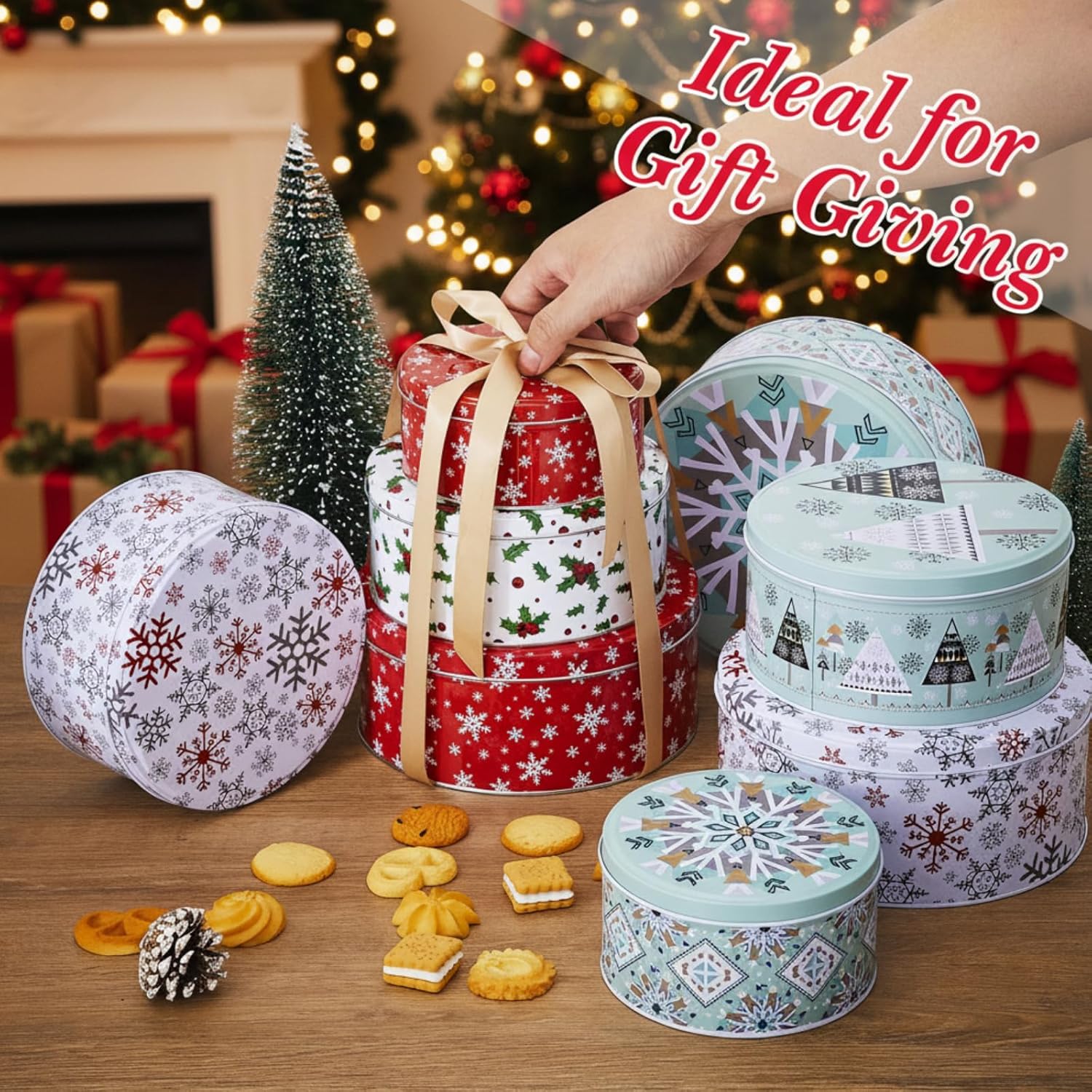 9 Pcs Christmas Cookie Tins Set 3 Sizes Decorative Cookie Boxes Christmas Tins With Lids Holiday Treats Round Metal Nesting Containers Candy Biscuits Treat Boxes(Berries,Snowflakes,Tree)